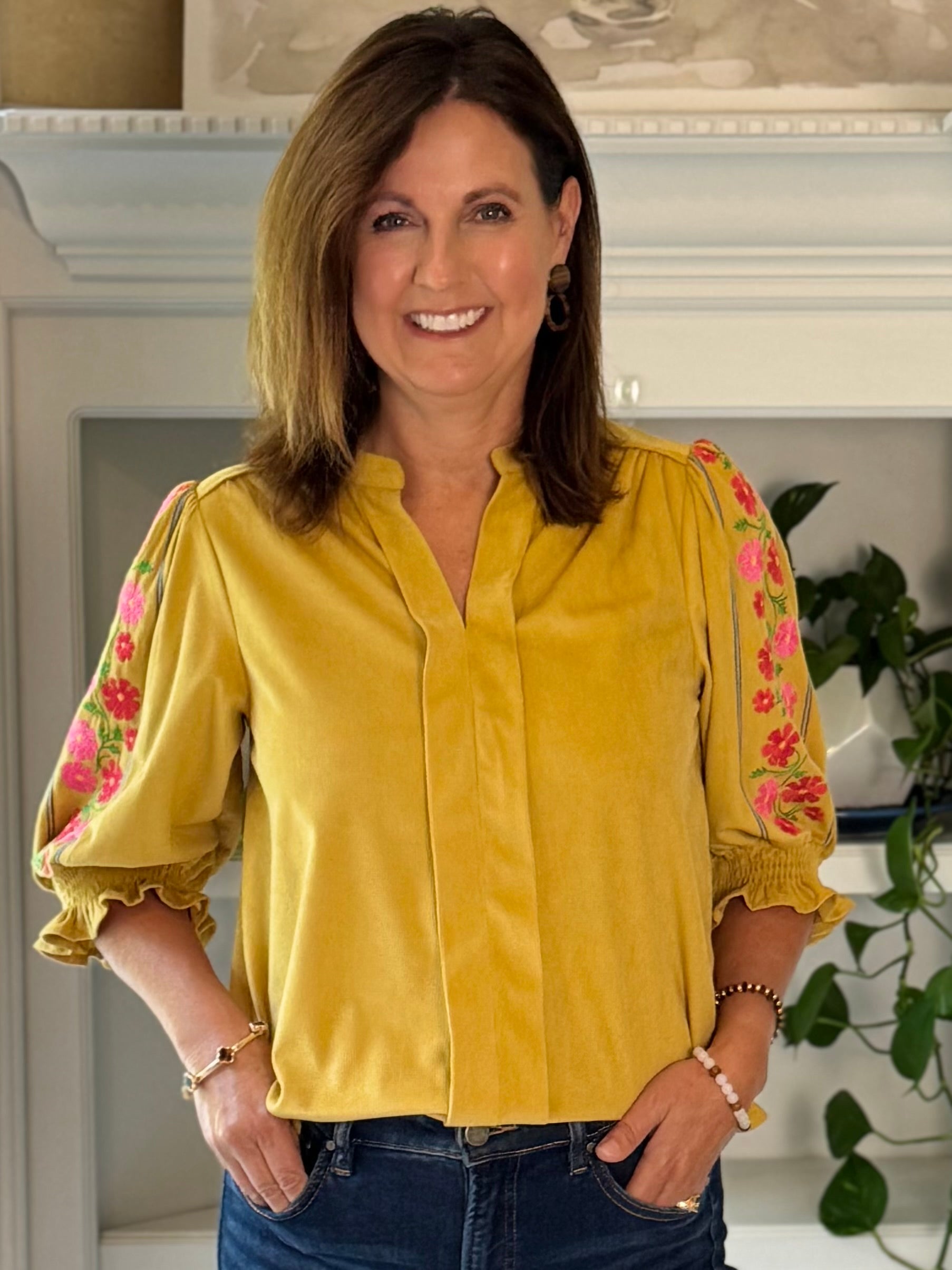 Flower Trail Embroidered Corduroy Top