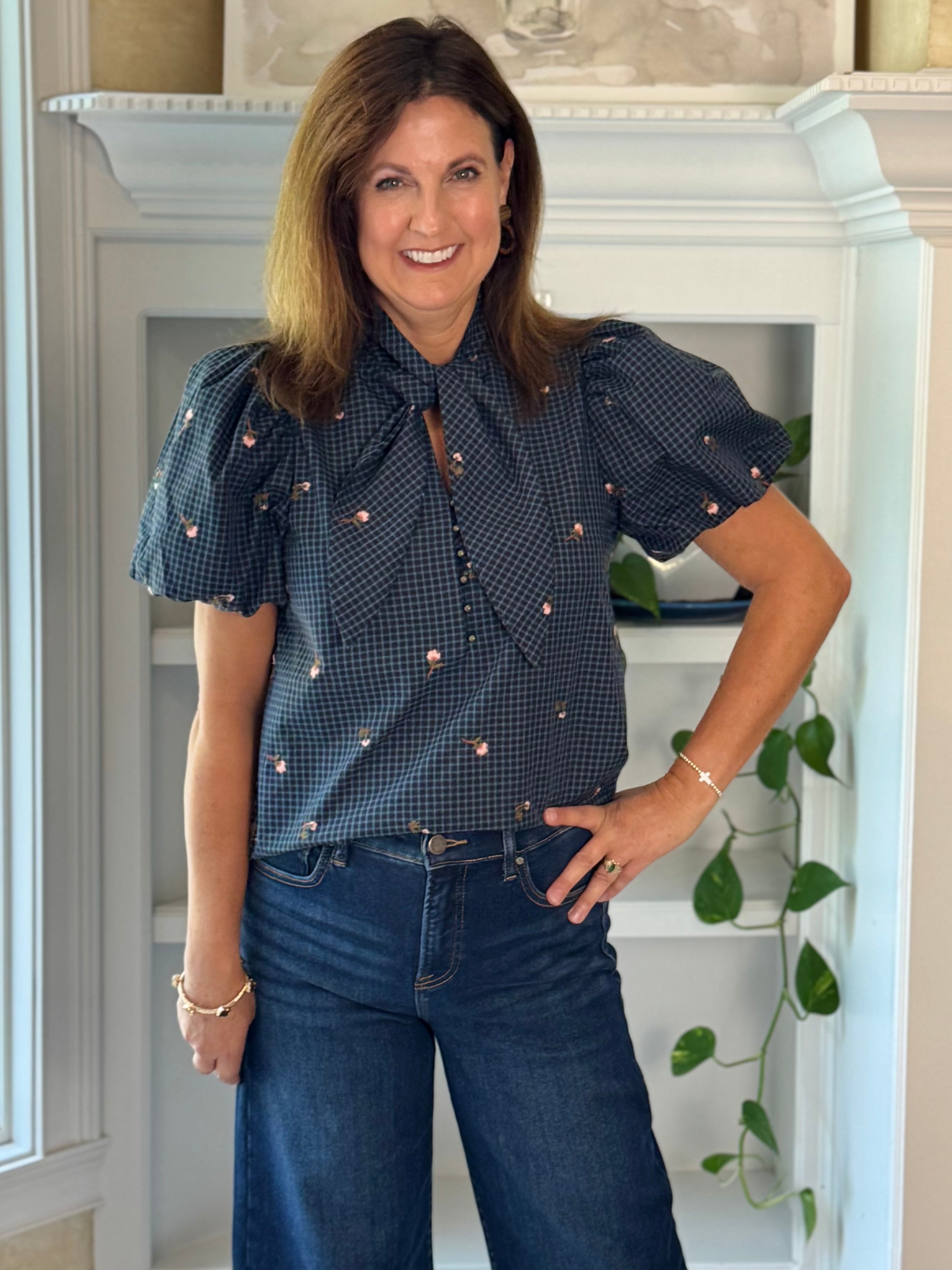 Savannah Embroidered Tie Top - Navy