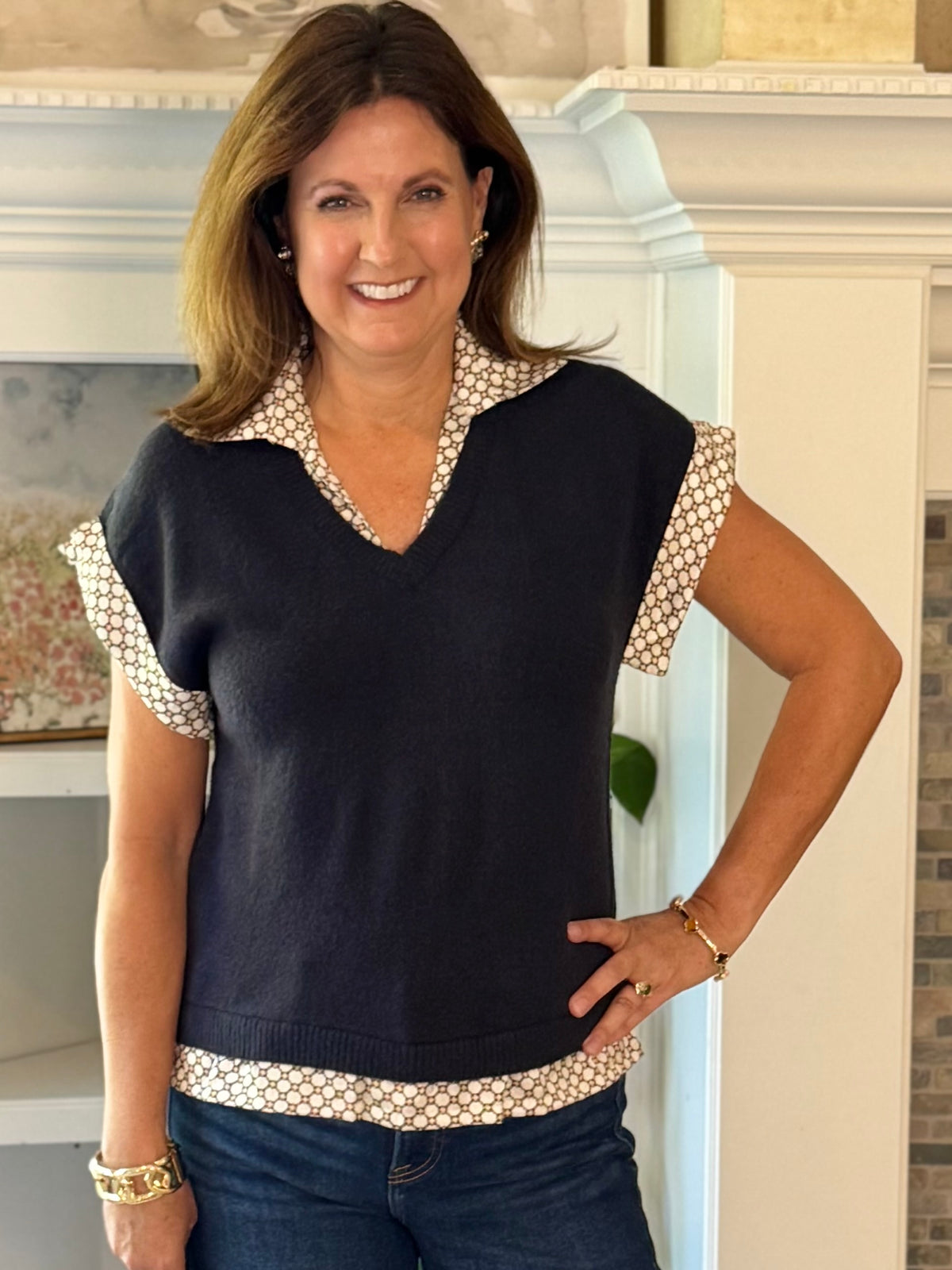 THML Peek of Print Knit Top - Navy