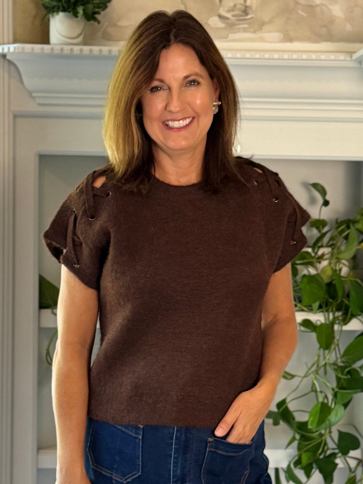 Lace It Up Knit Top - Brown