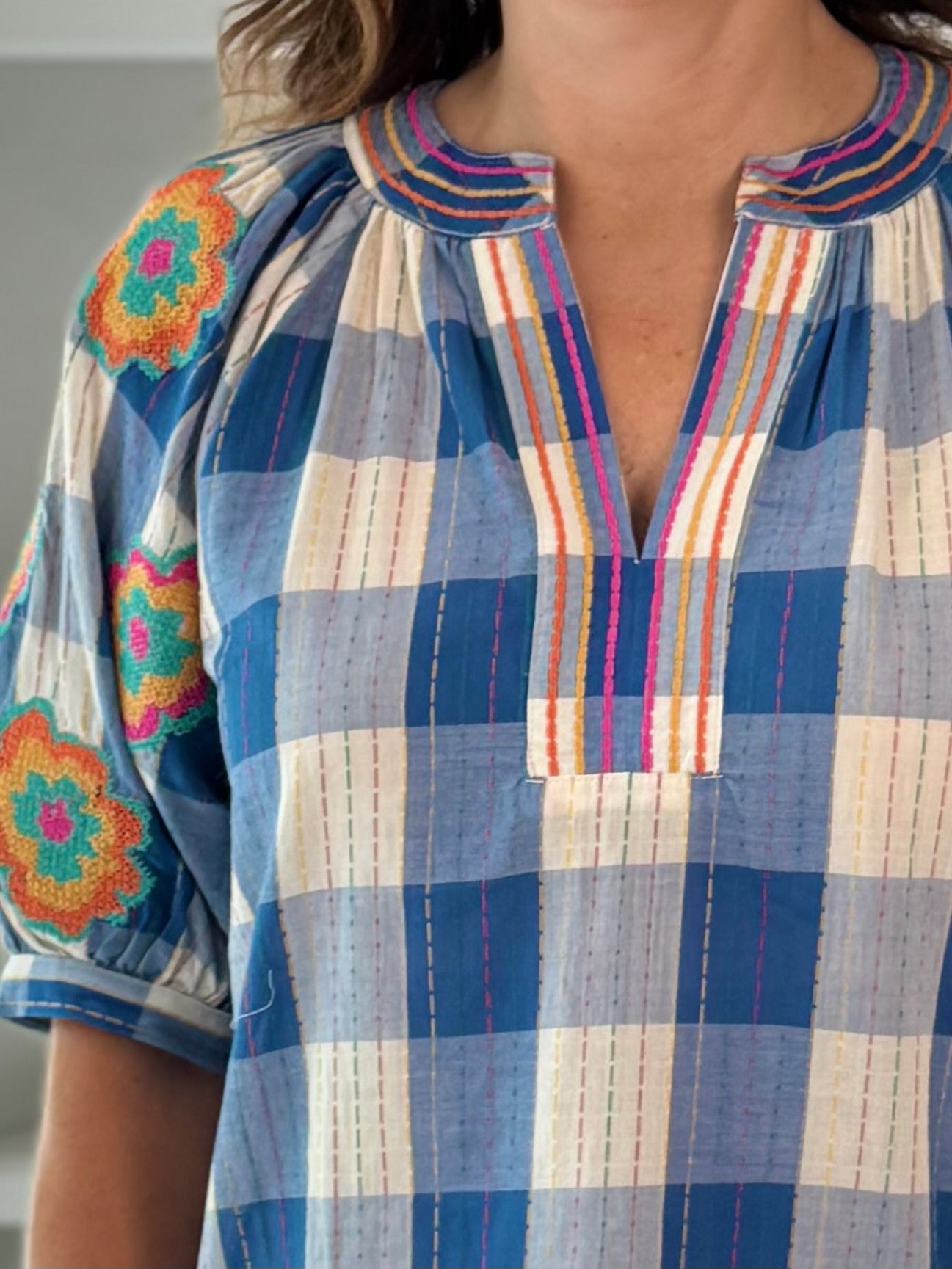 THML Picnic Plaid Embroidered Top