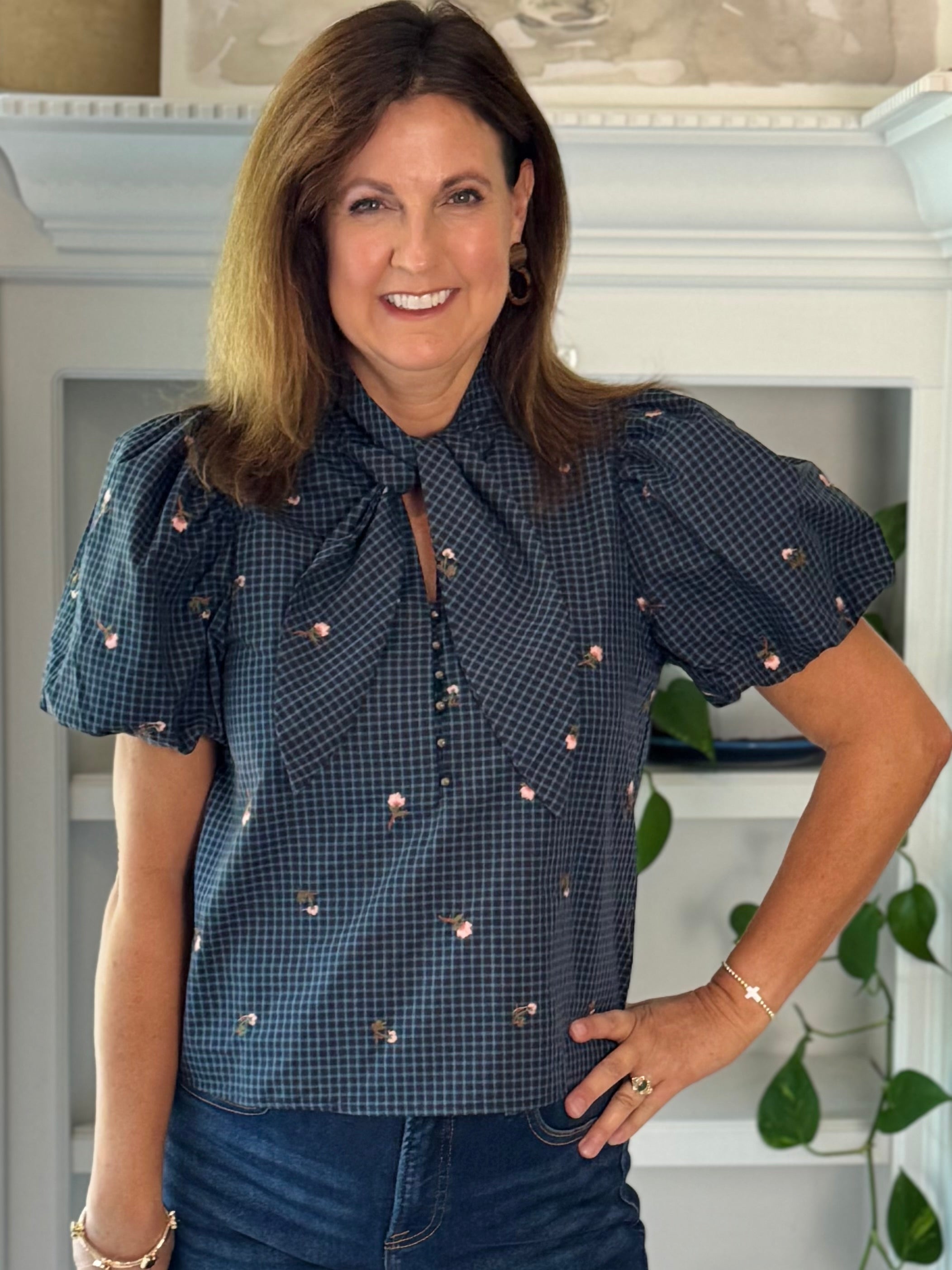 Savannah Embroidered Tie Top - Navy