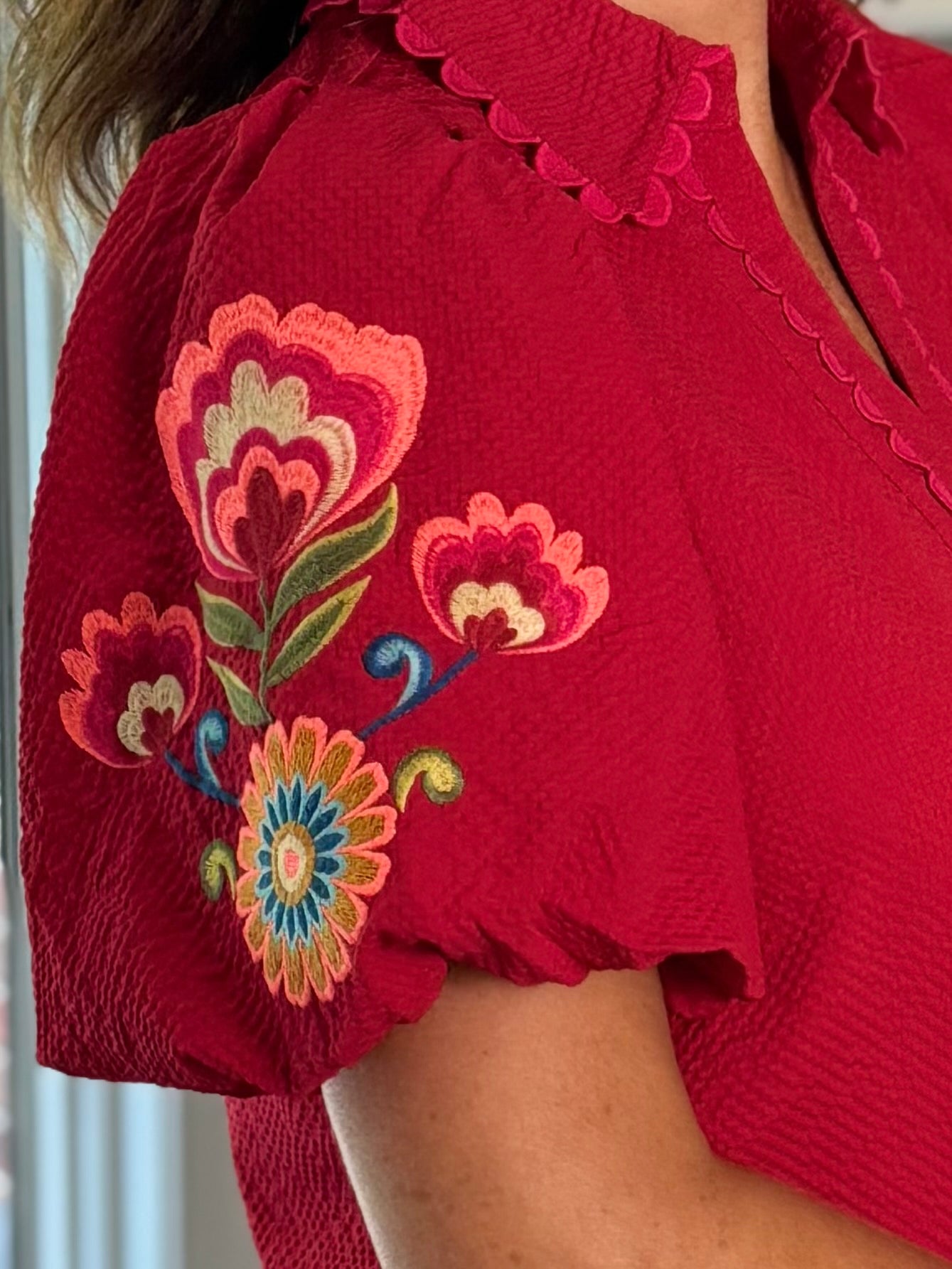 Embroidered Charm Top - Red