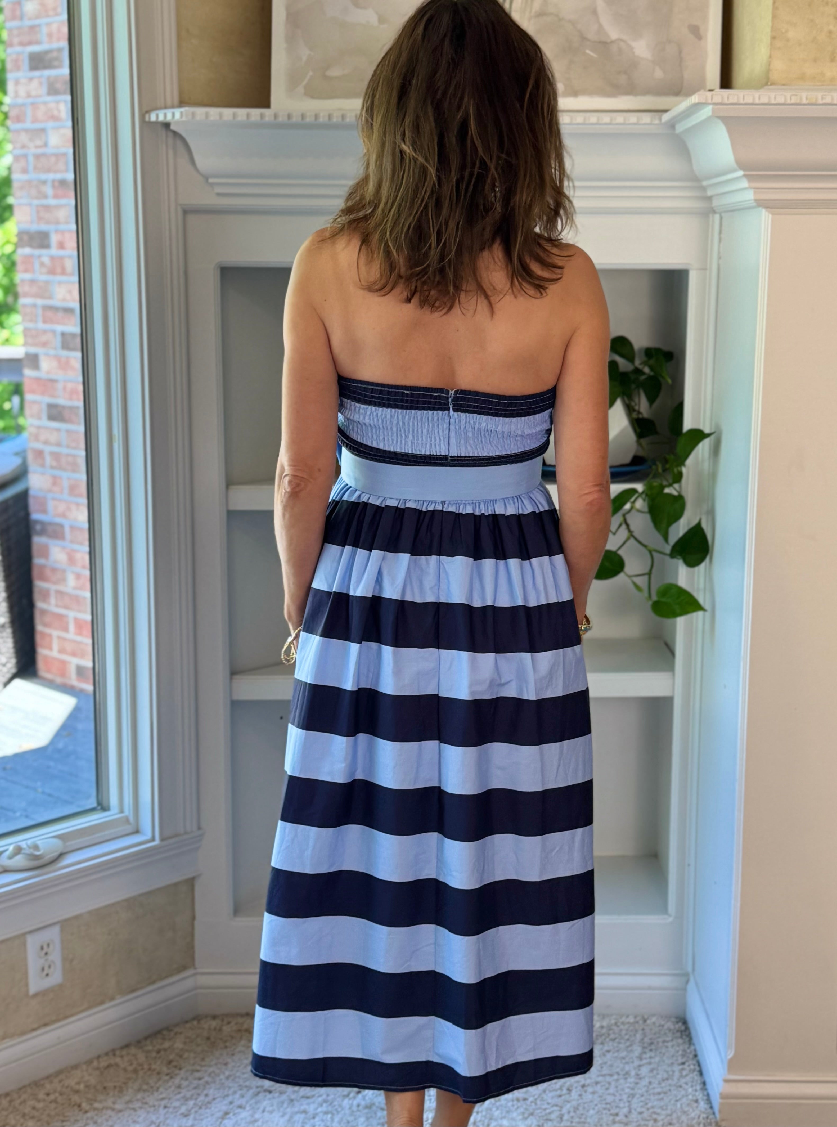 Harbor Striped Strapless Midi Dress