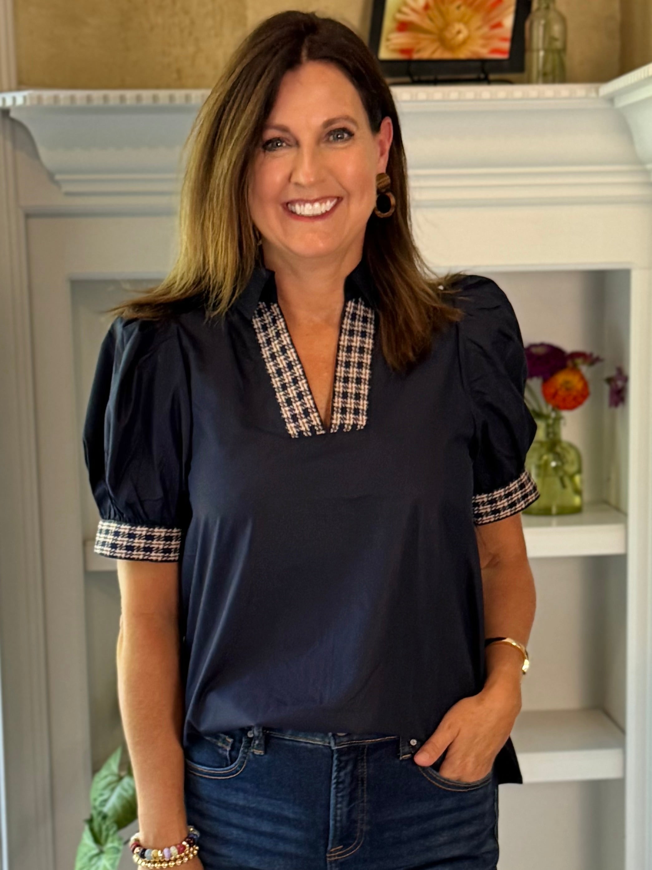 Tweed Trim Top - Navy