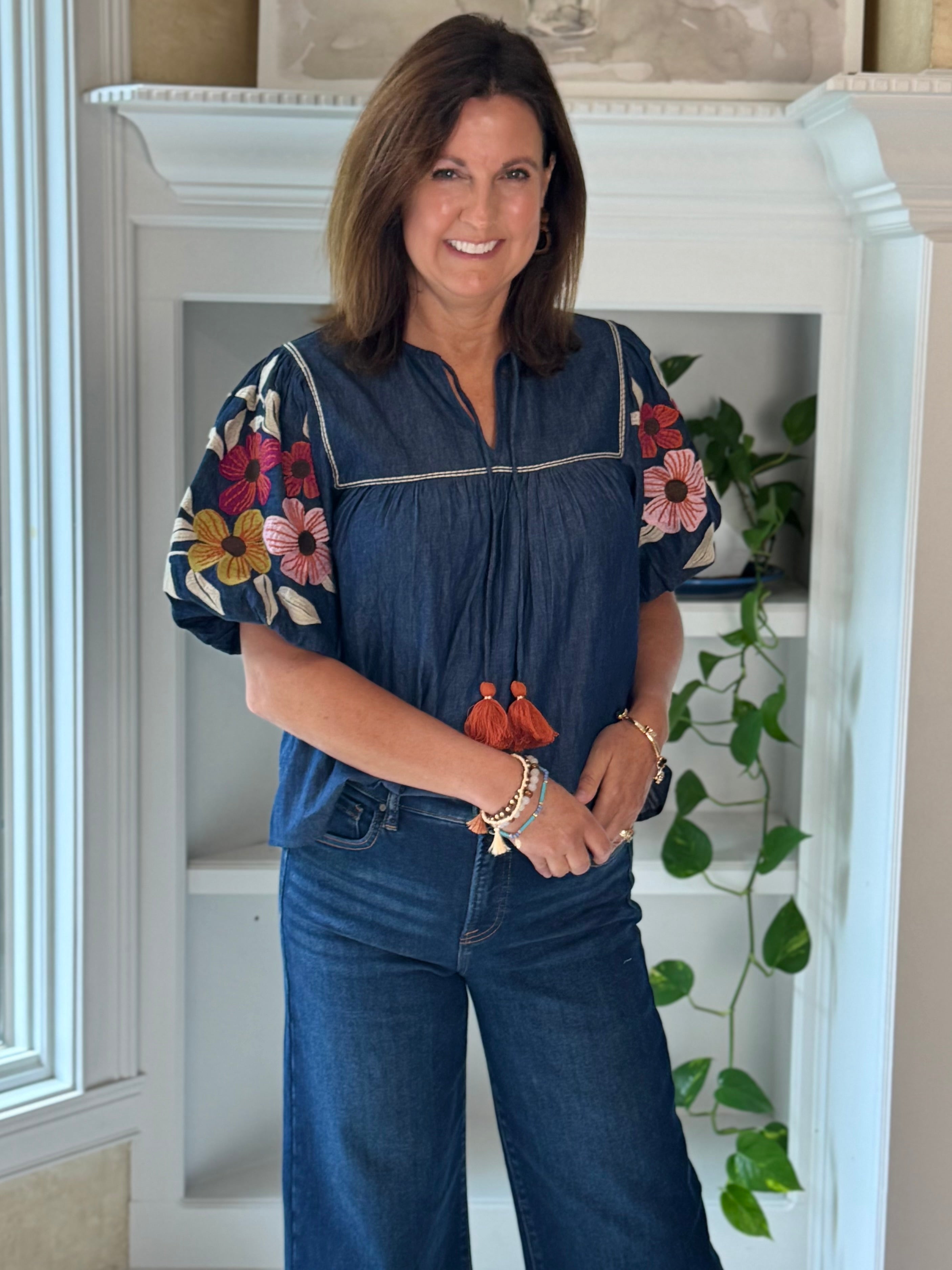 THML Denim in Bloom Embroidered Tassel Top