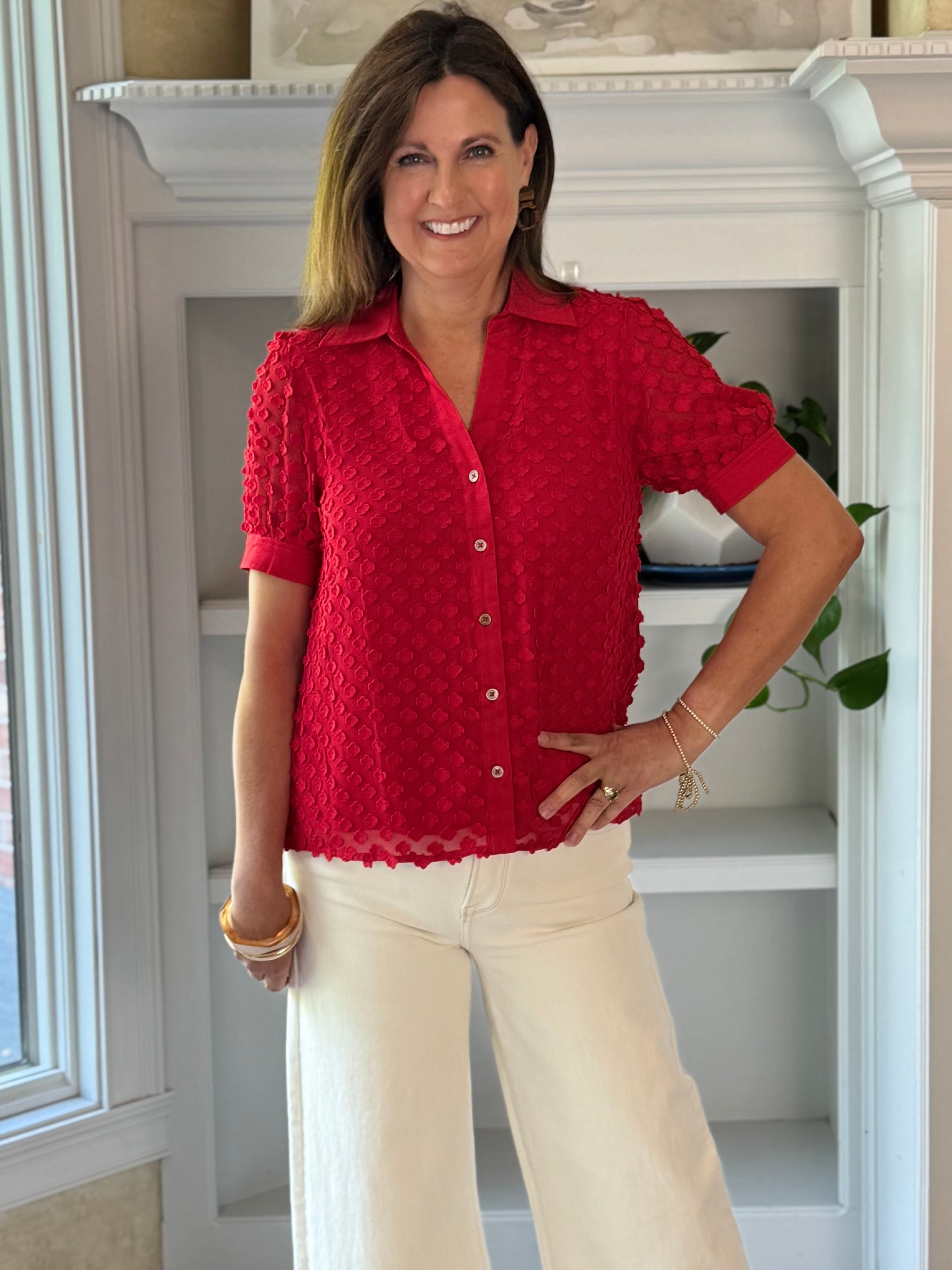 Current Air Striking Red Textured Blouse