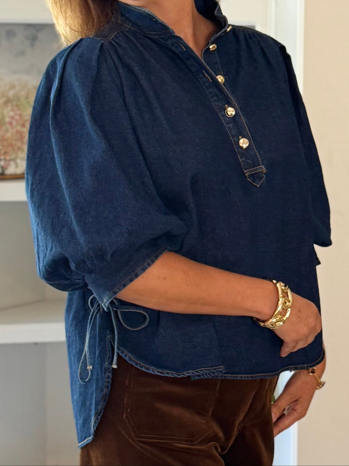 Well Played Denim Tie Sleeve Top