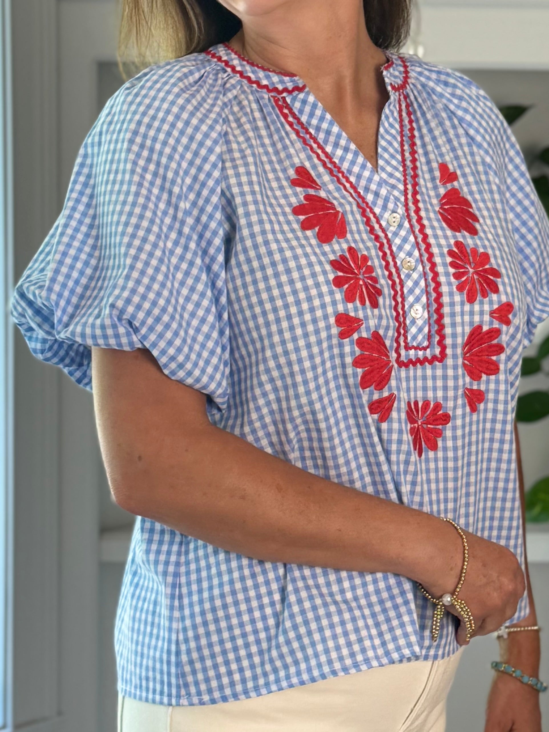 Summer Classic Gingham Embroidered Top - Blue