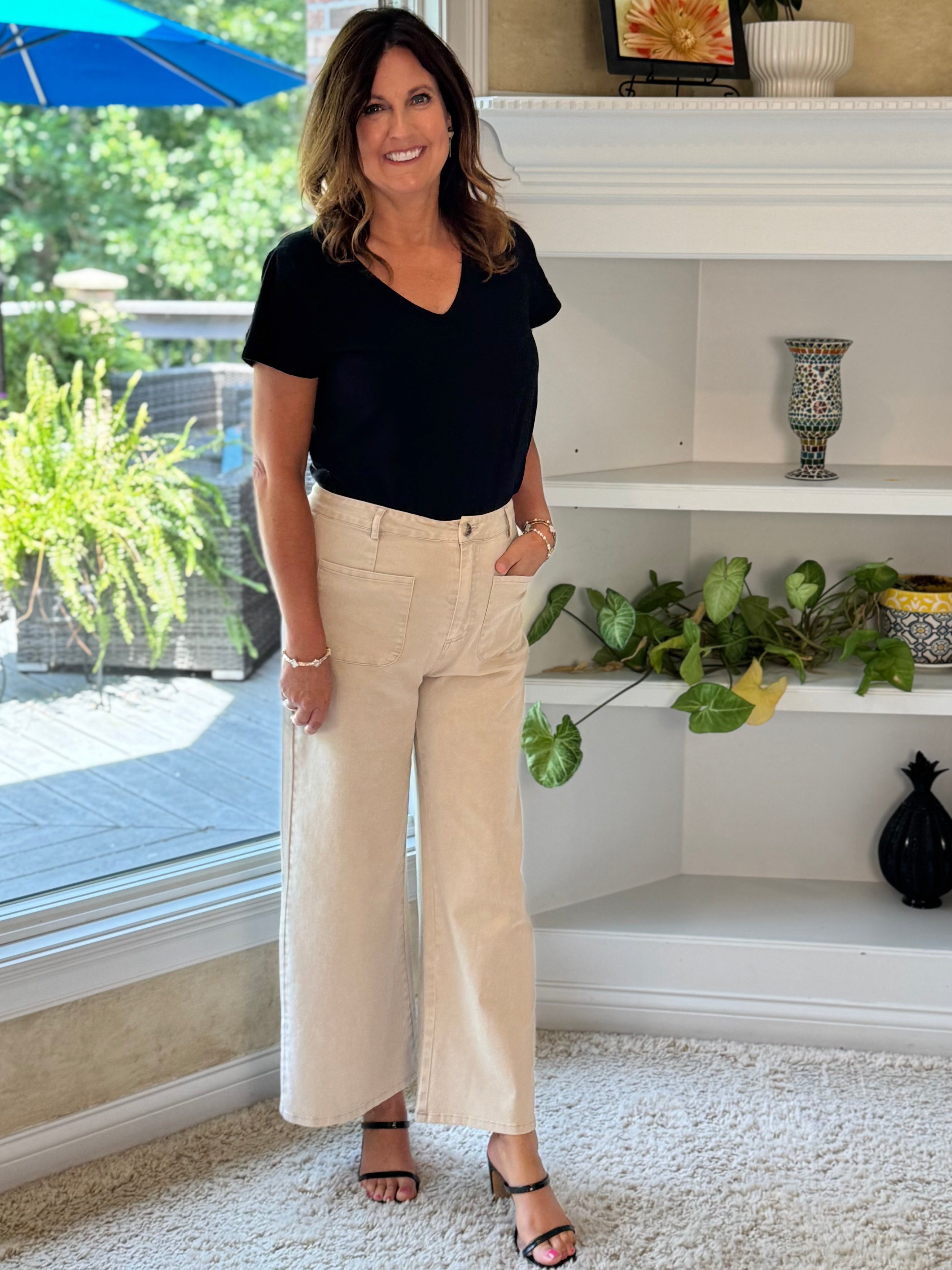 High-Rise Wide Leg Ankle Length Pants - Stone