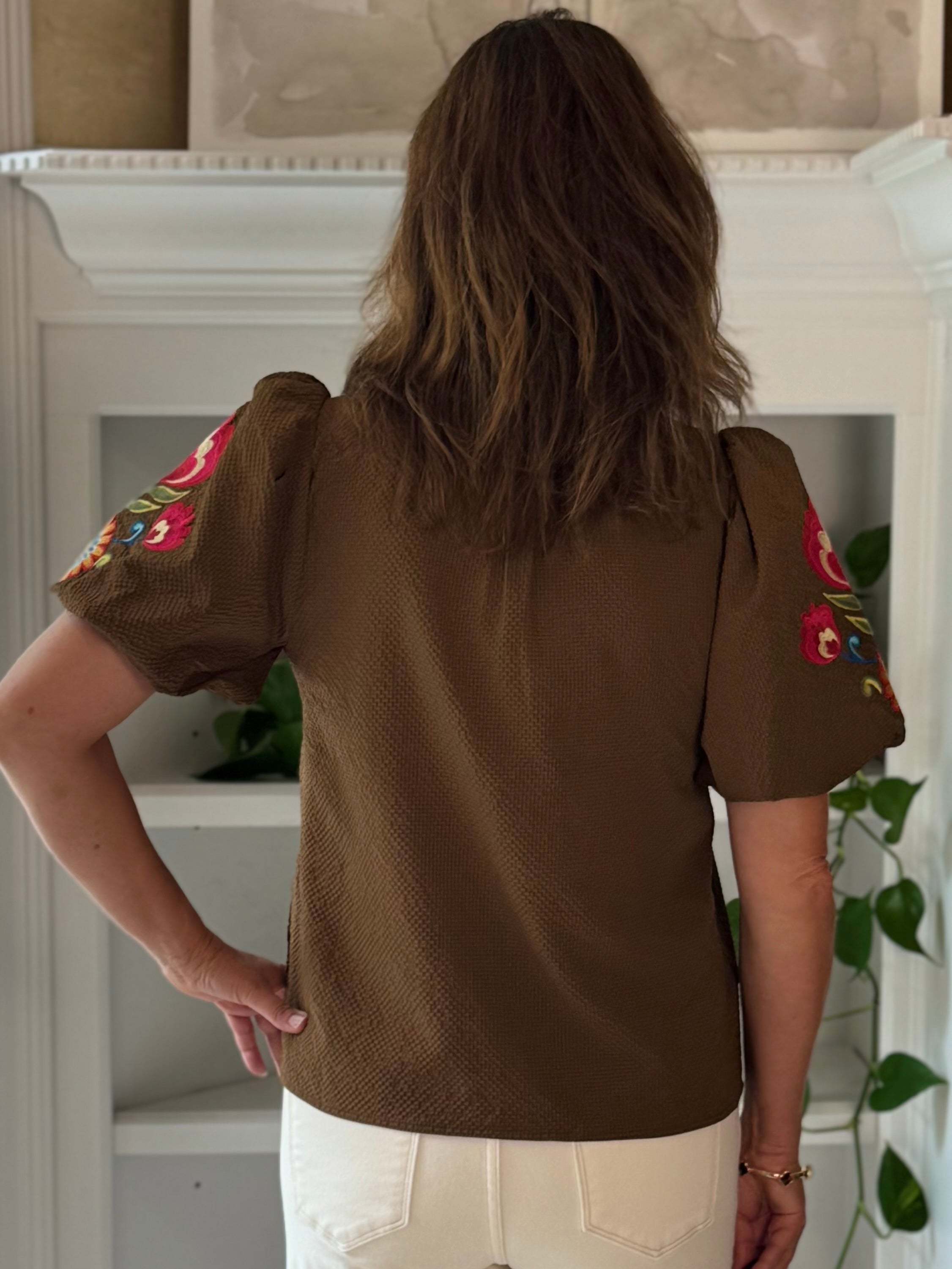 Embroidered Charm Top - Brown