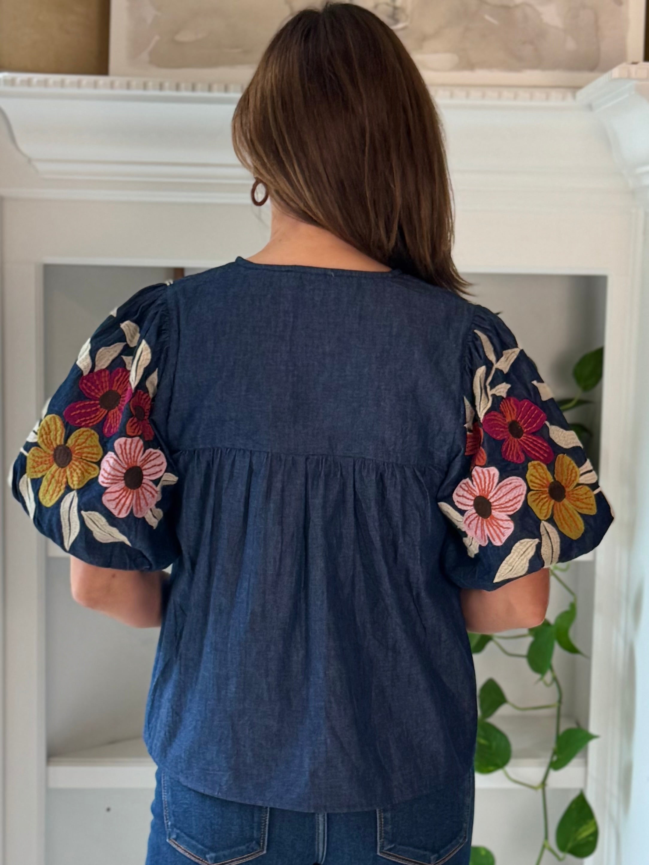 THML Denim in Bloom Embroidered Tassel Top