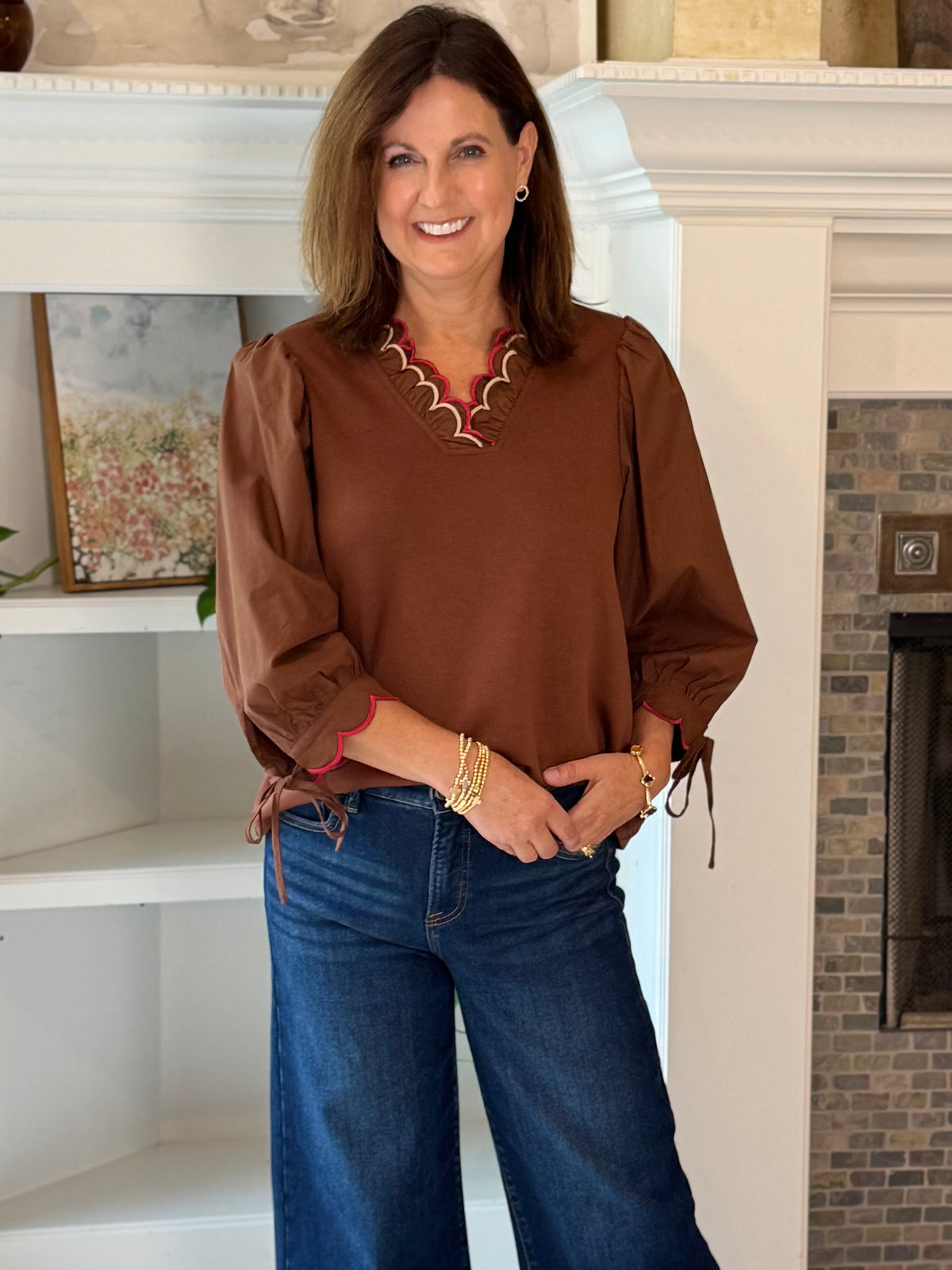 Scalloped Grace Long-Sleeve Top - Brown