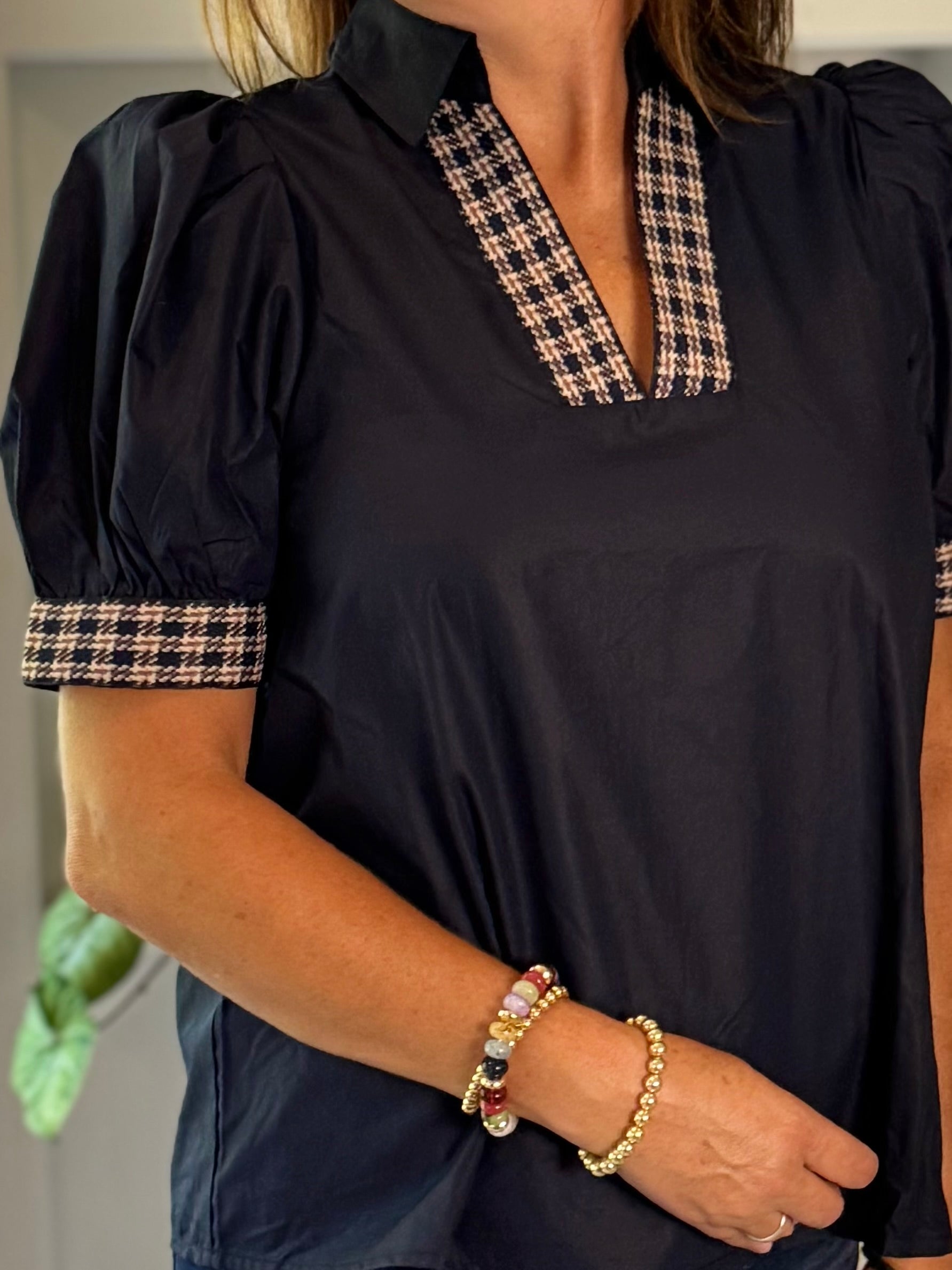 Tweed Trim Top - Navy