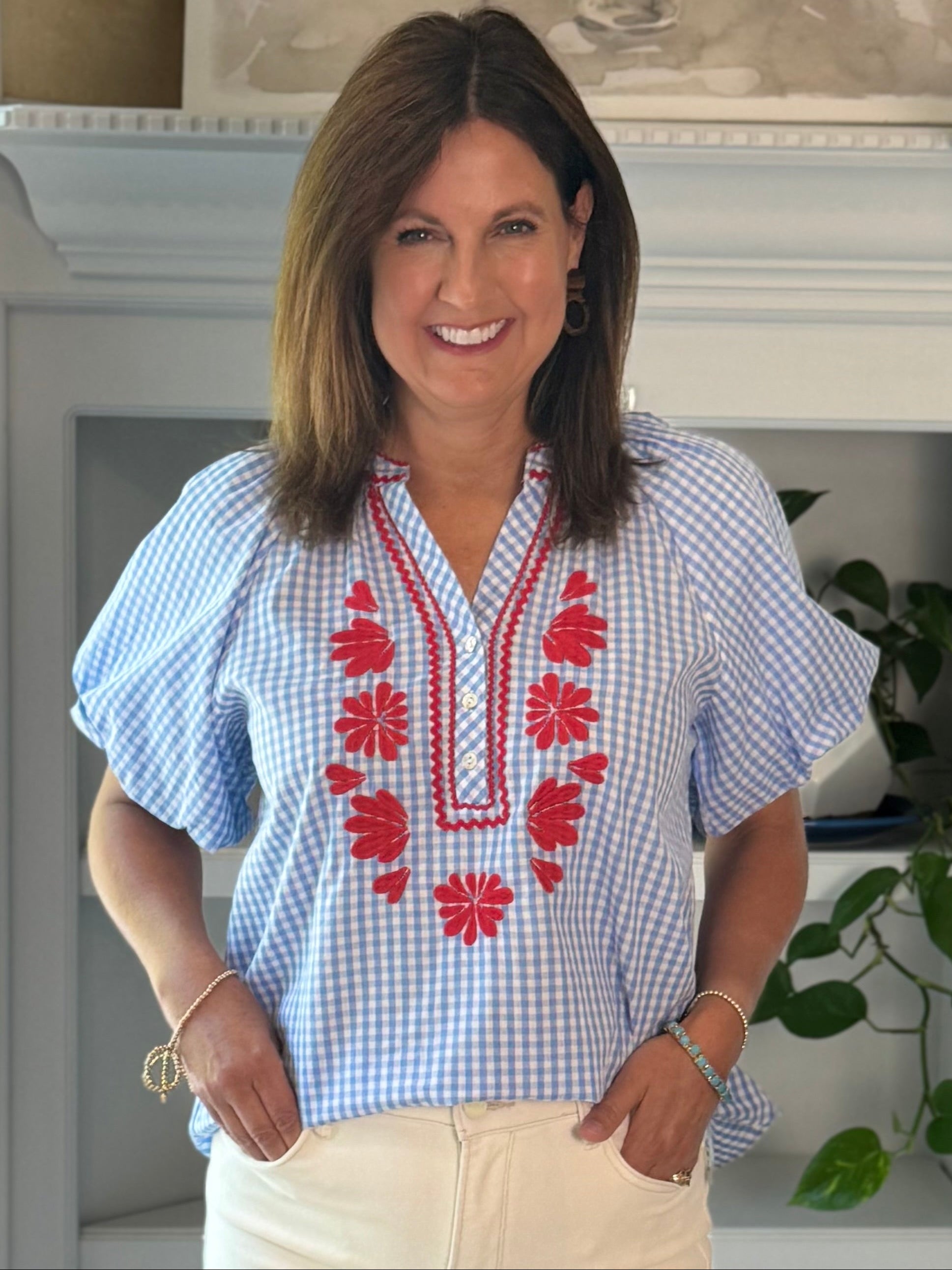 Summer Classic Gingham Embroidered Top - Blue