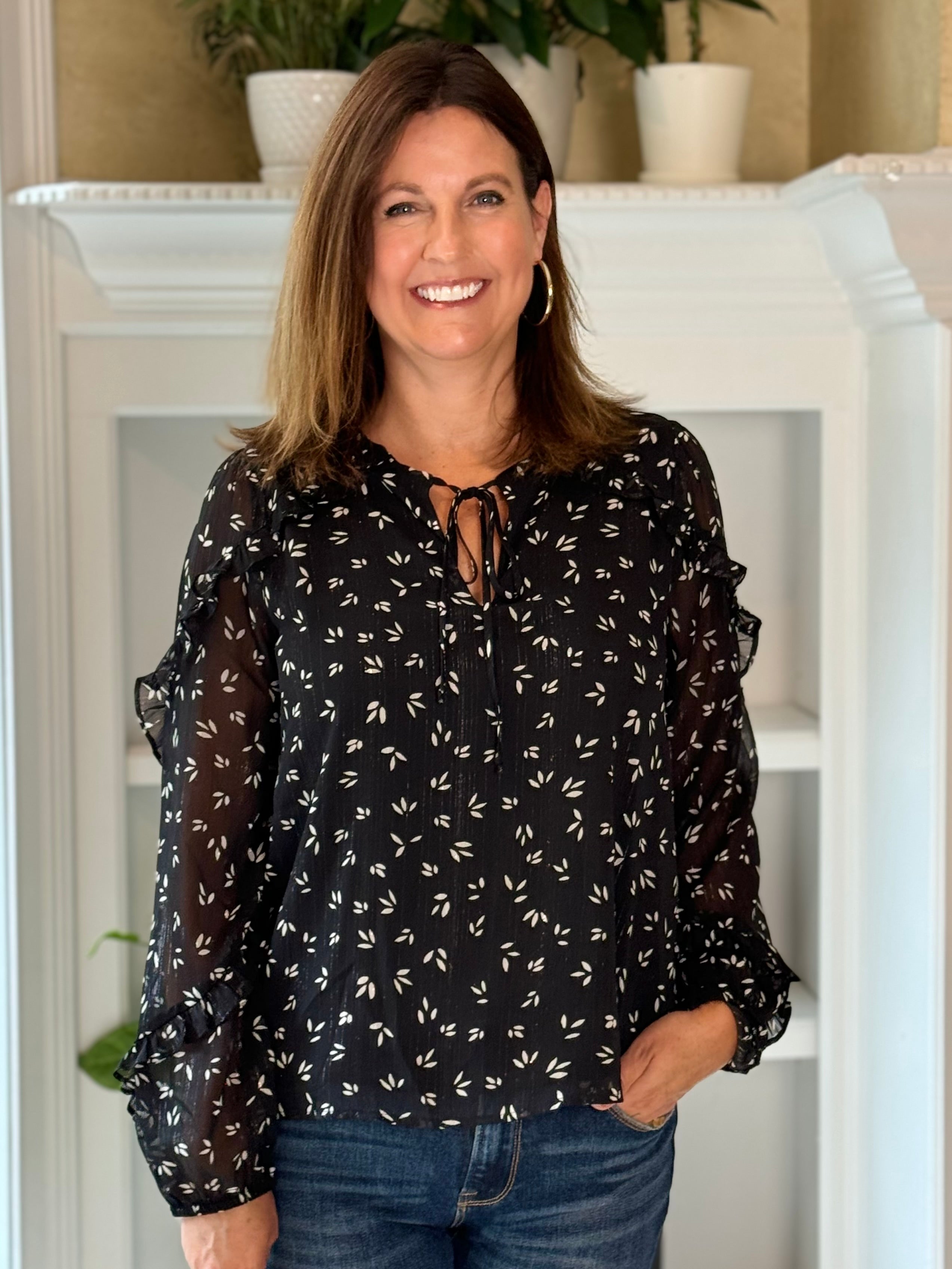 Sheer Sleeve Ruffle Blouse - Black