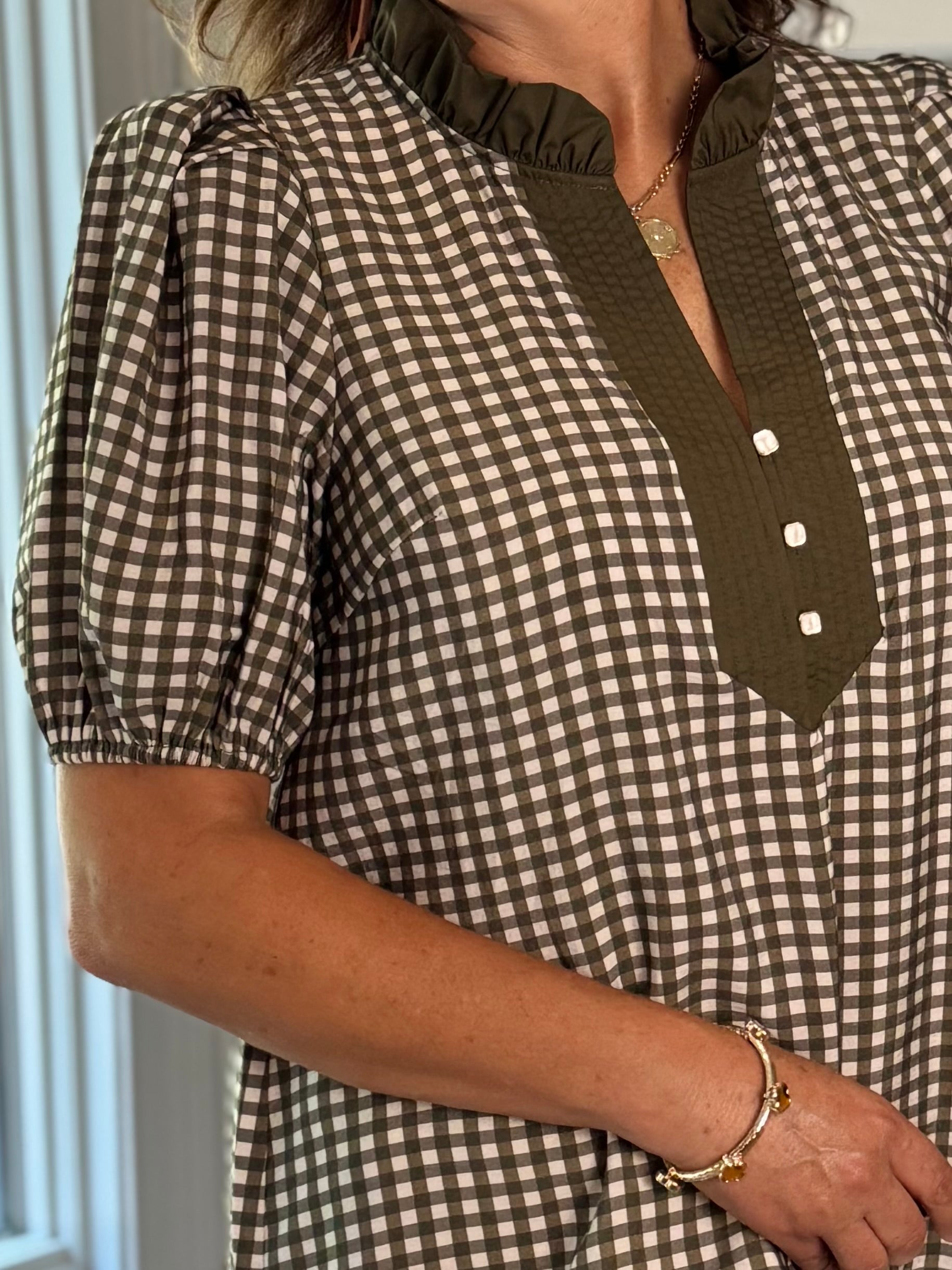 Classic Charm Gingham Top - Olive
