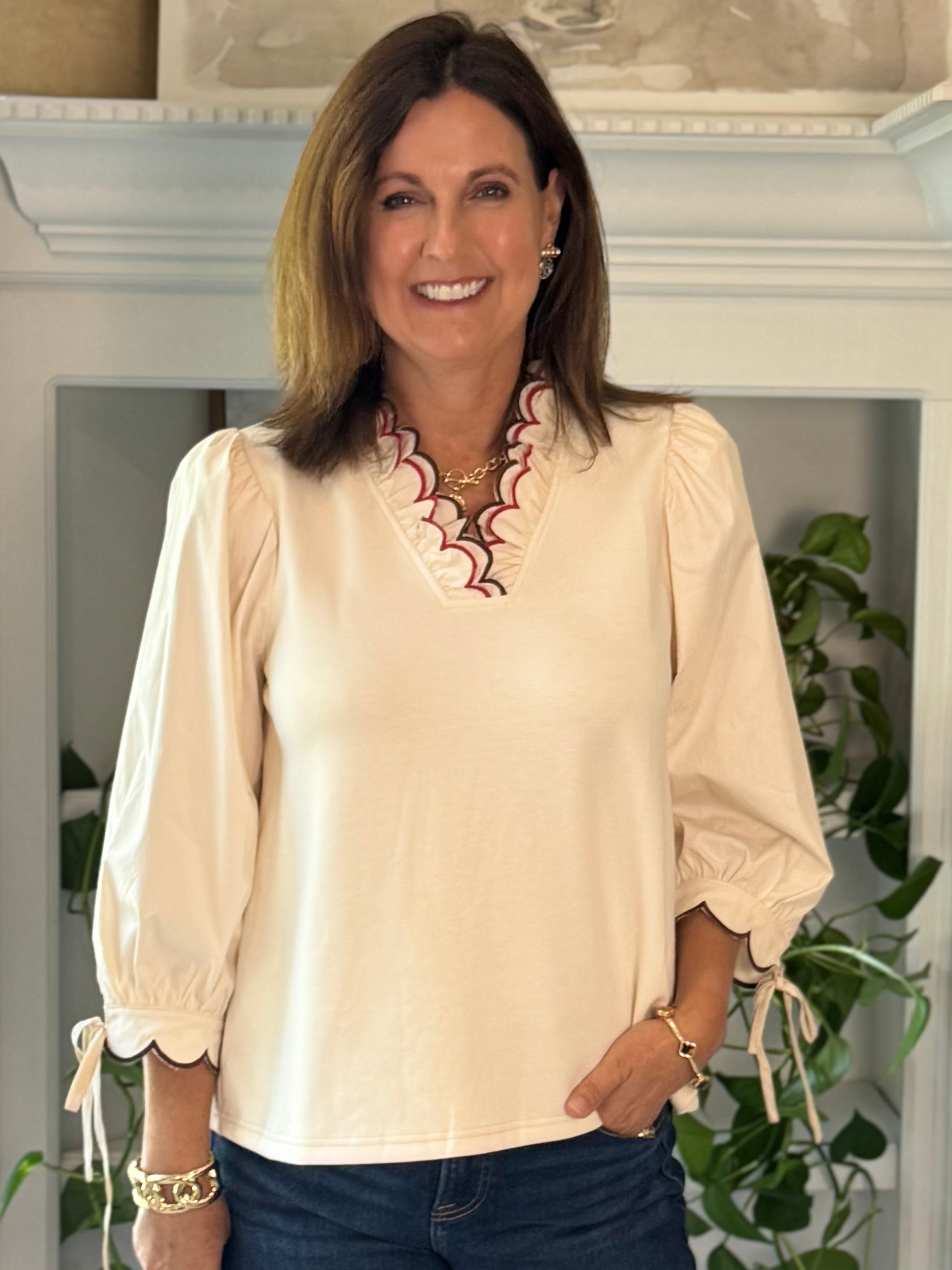 Scalloped Grace Long-Sleeve Top - Ivory