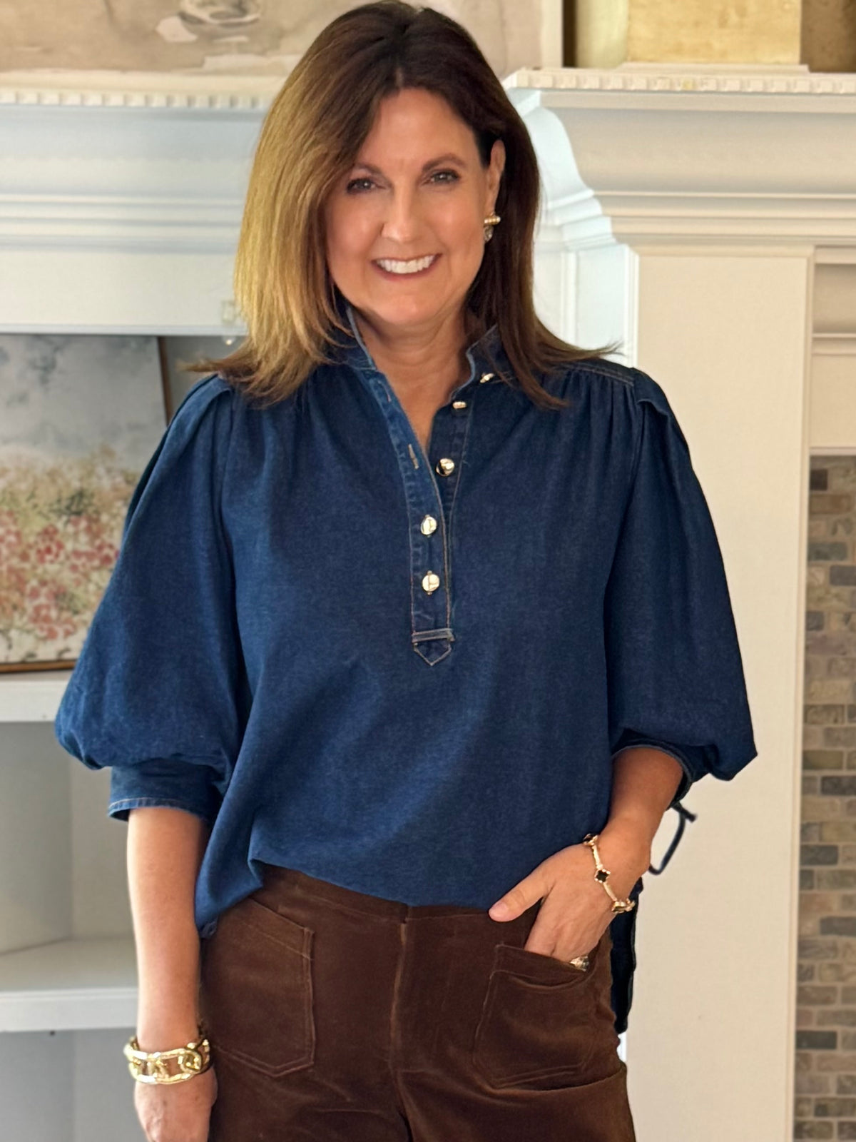 Well Played Denim Tie Sleeve Top