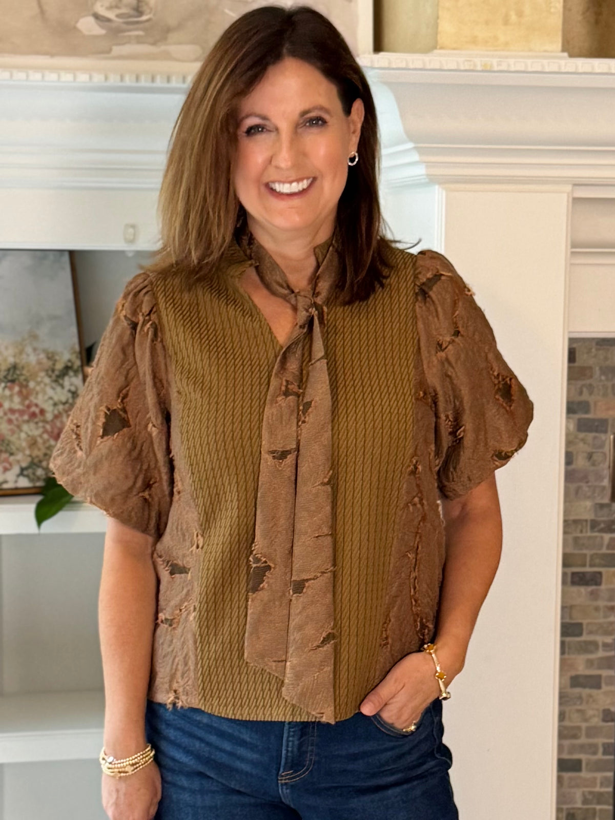 Textured Elegance Tie Blouse