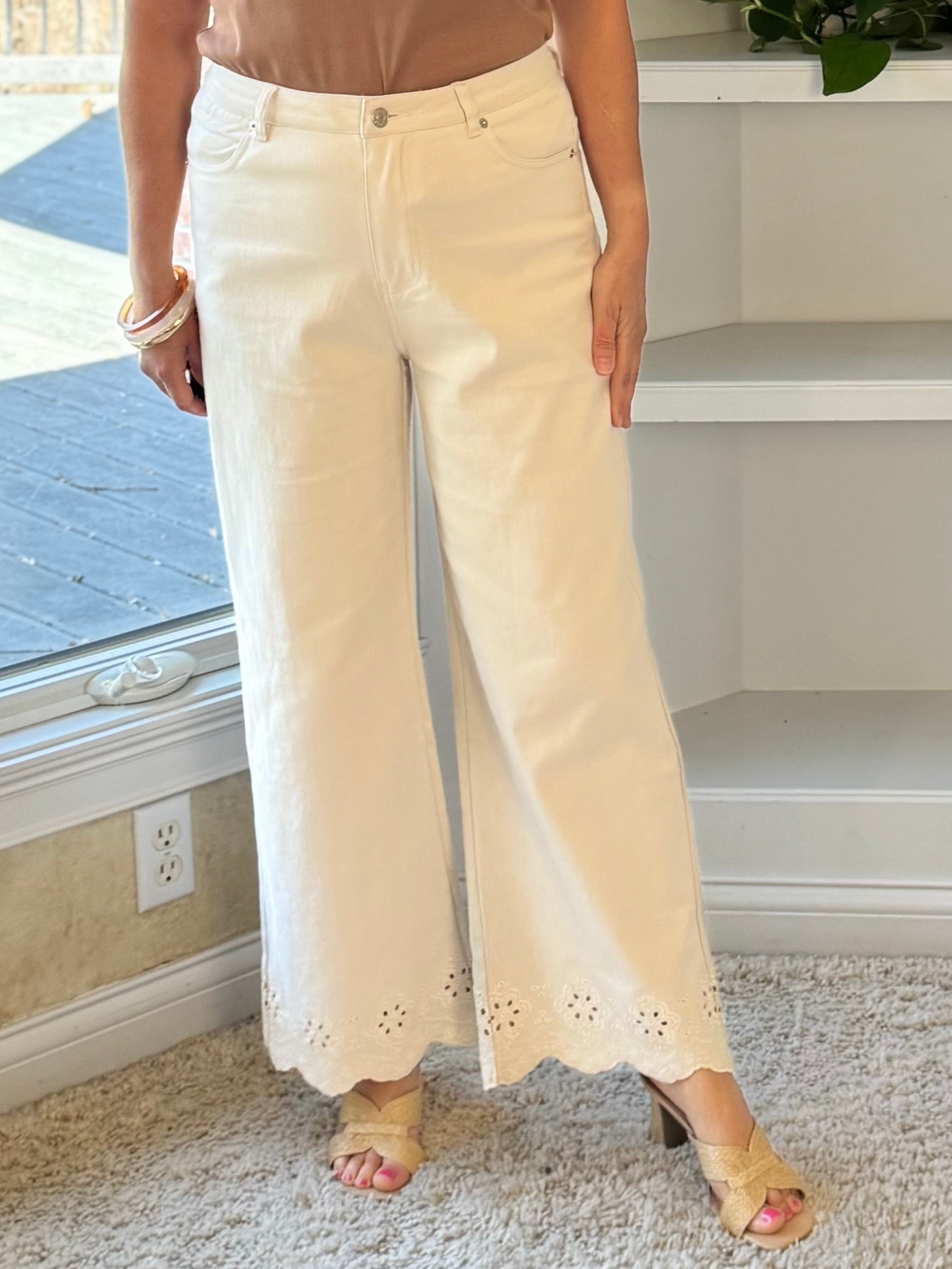 Eyelet Hem High-Rise Wide Leg Ankle Pants