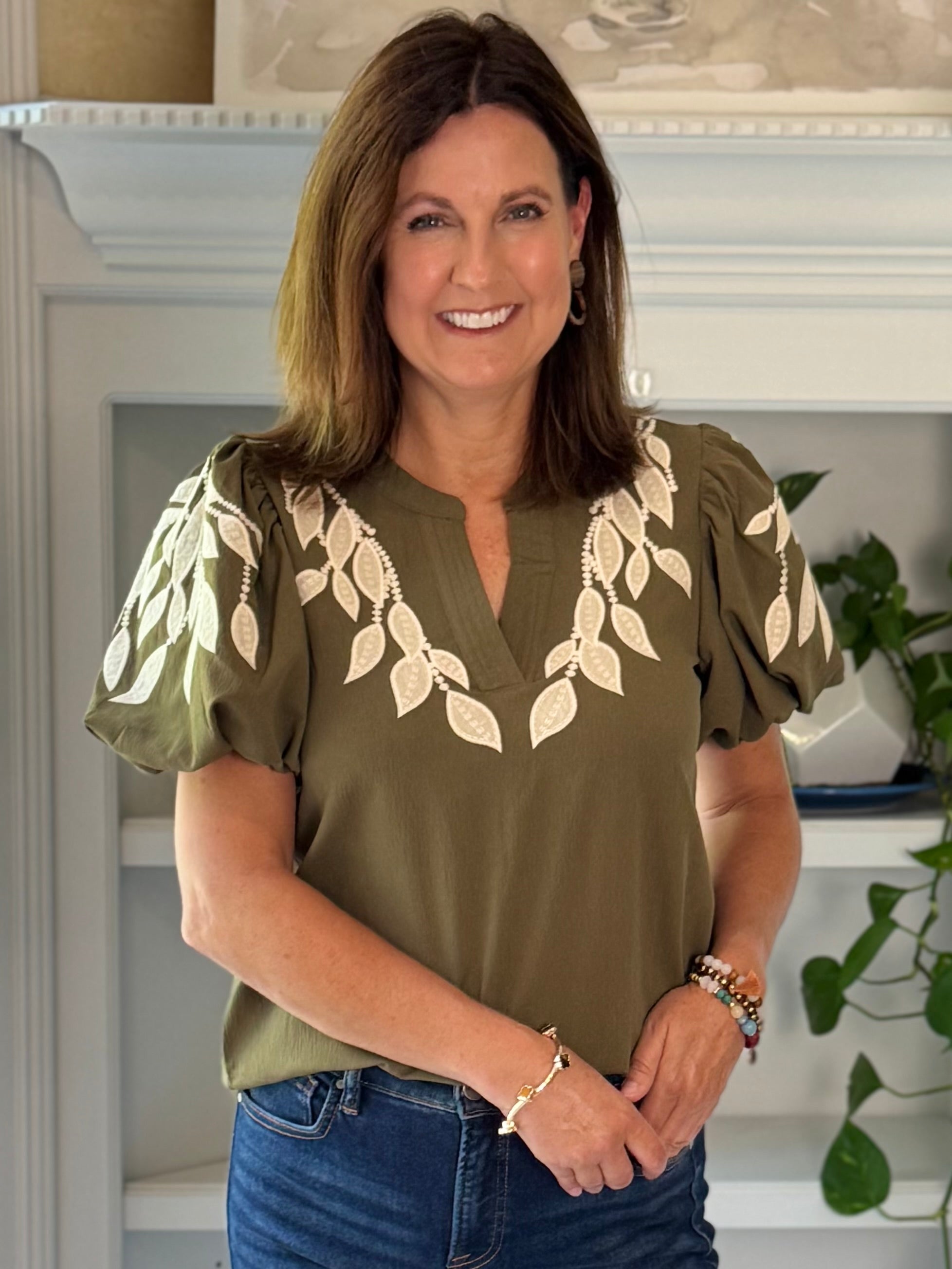 Olive Vine Embroidered Top
