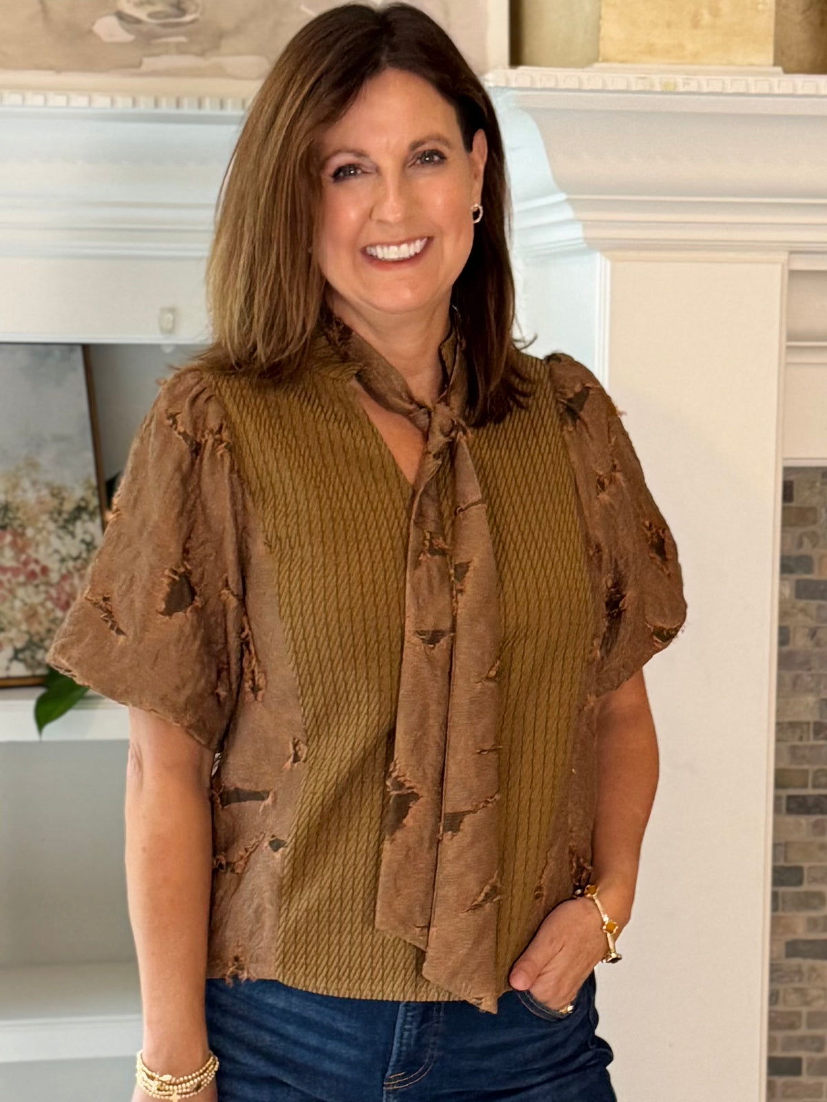 Textured Elegance Tie Blouse