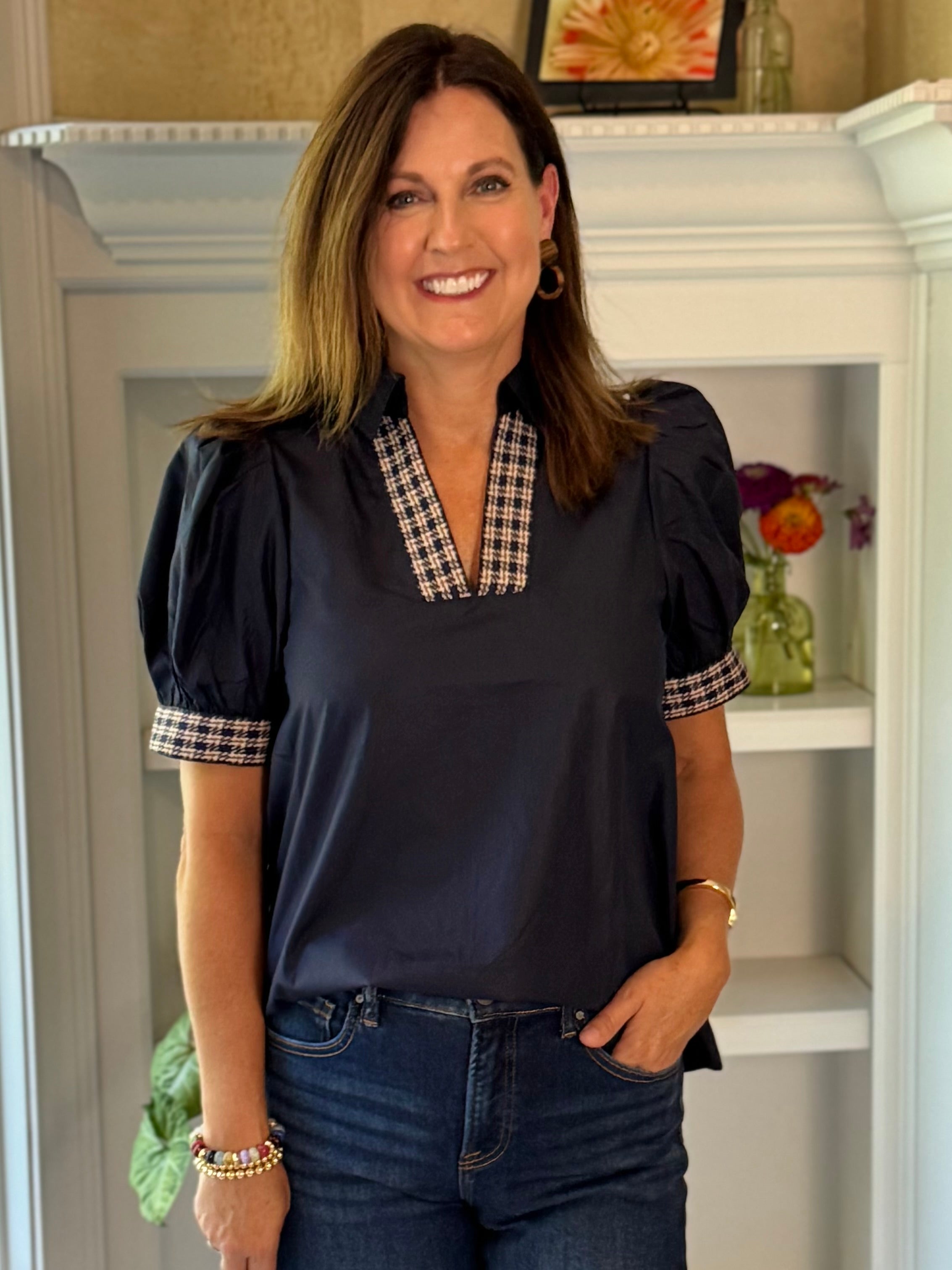 Tweed Trim Top - Navy