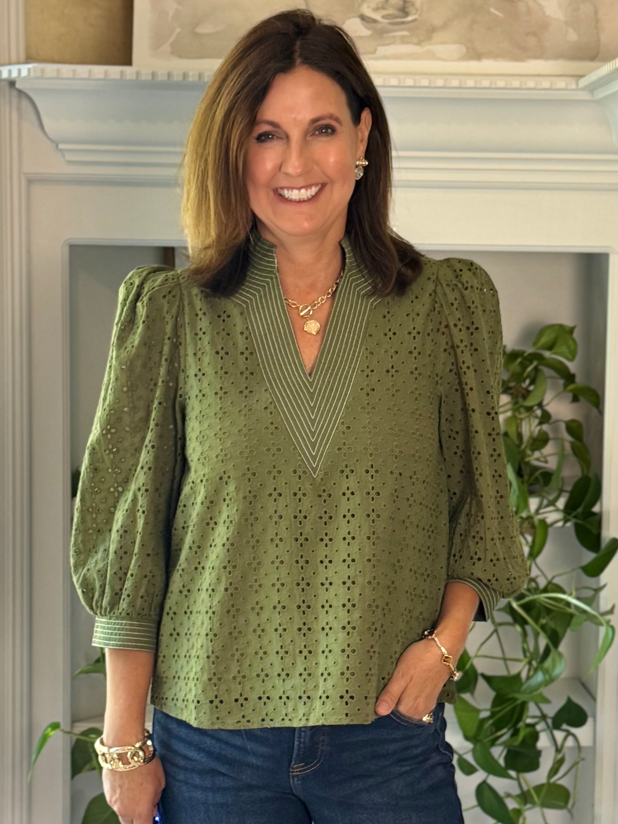 Olive Allure Eyelet Top