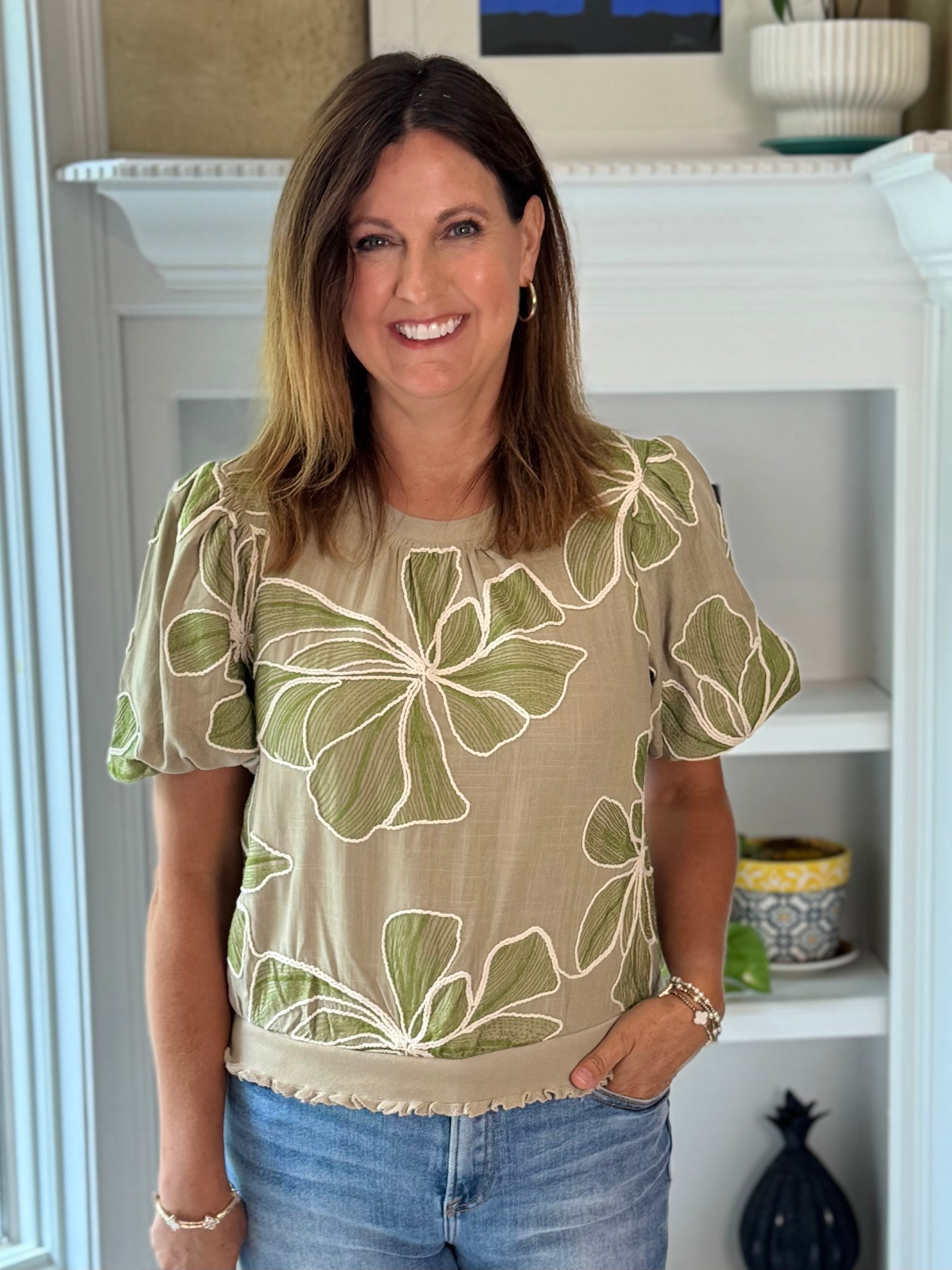Meadow Embroidered Top - Olive