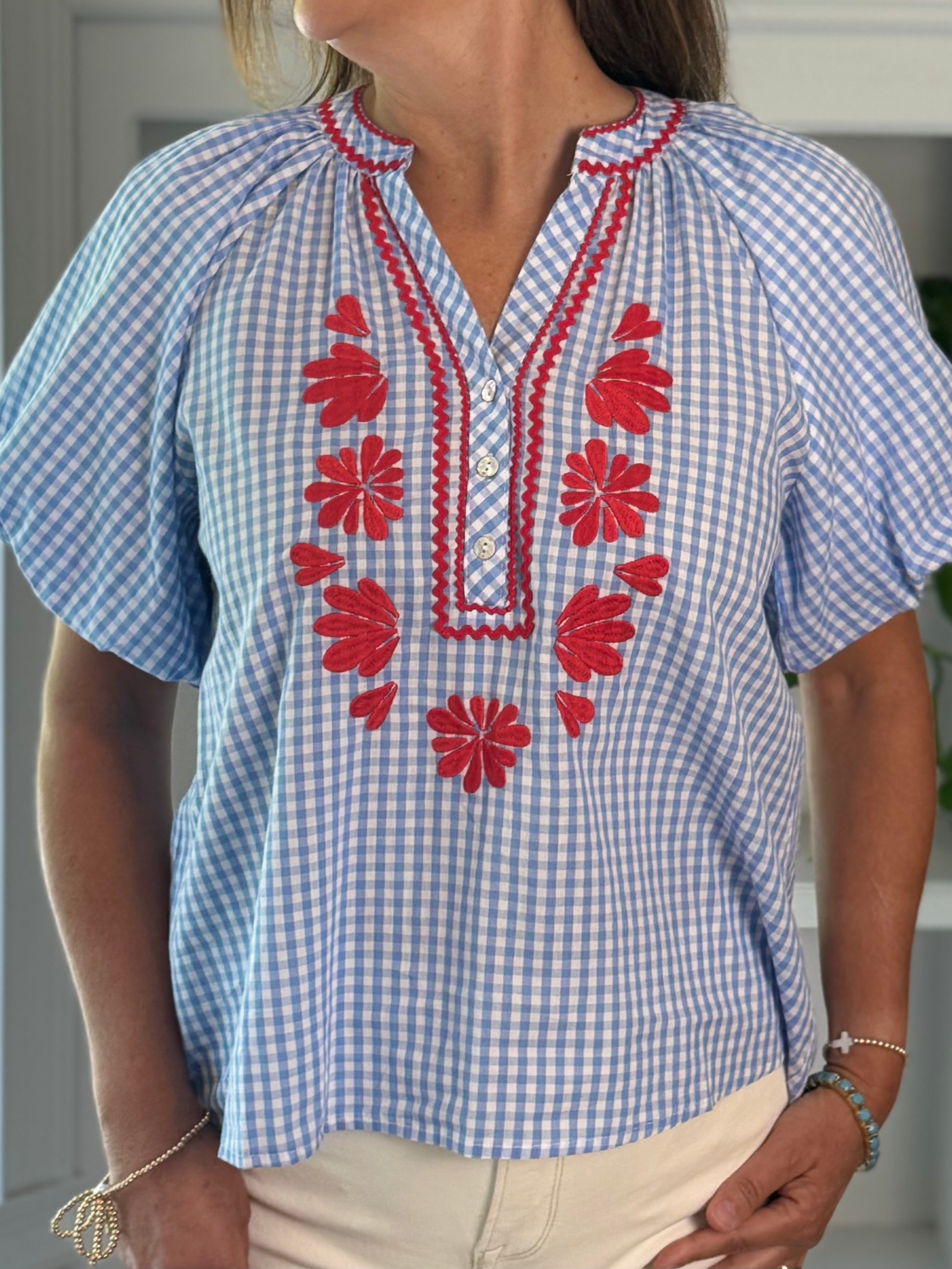 Summer Classic Gingham Embroidered Top - Blue