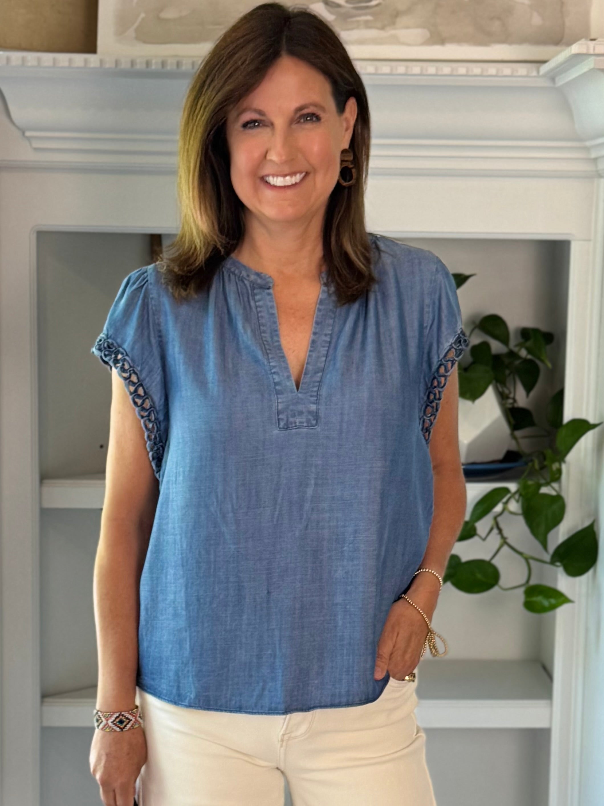 Current Air Chambray Crochet Sleeve Top