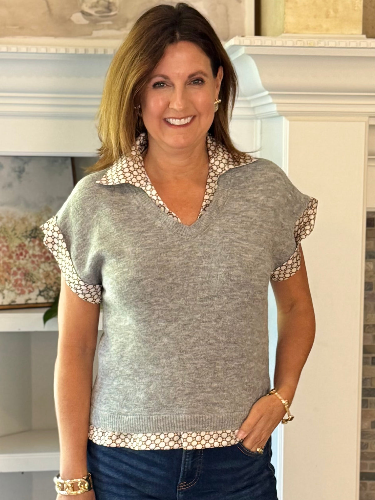 THML Peek of Print Knit Top - Gray