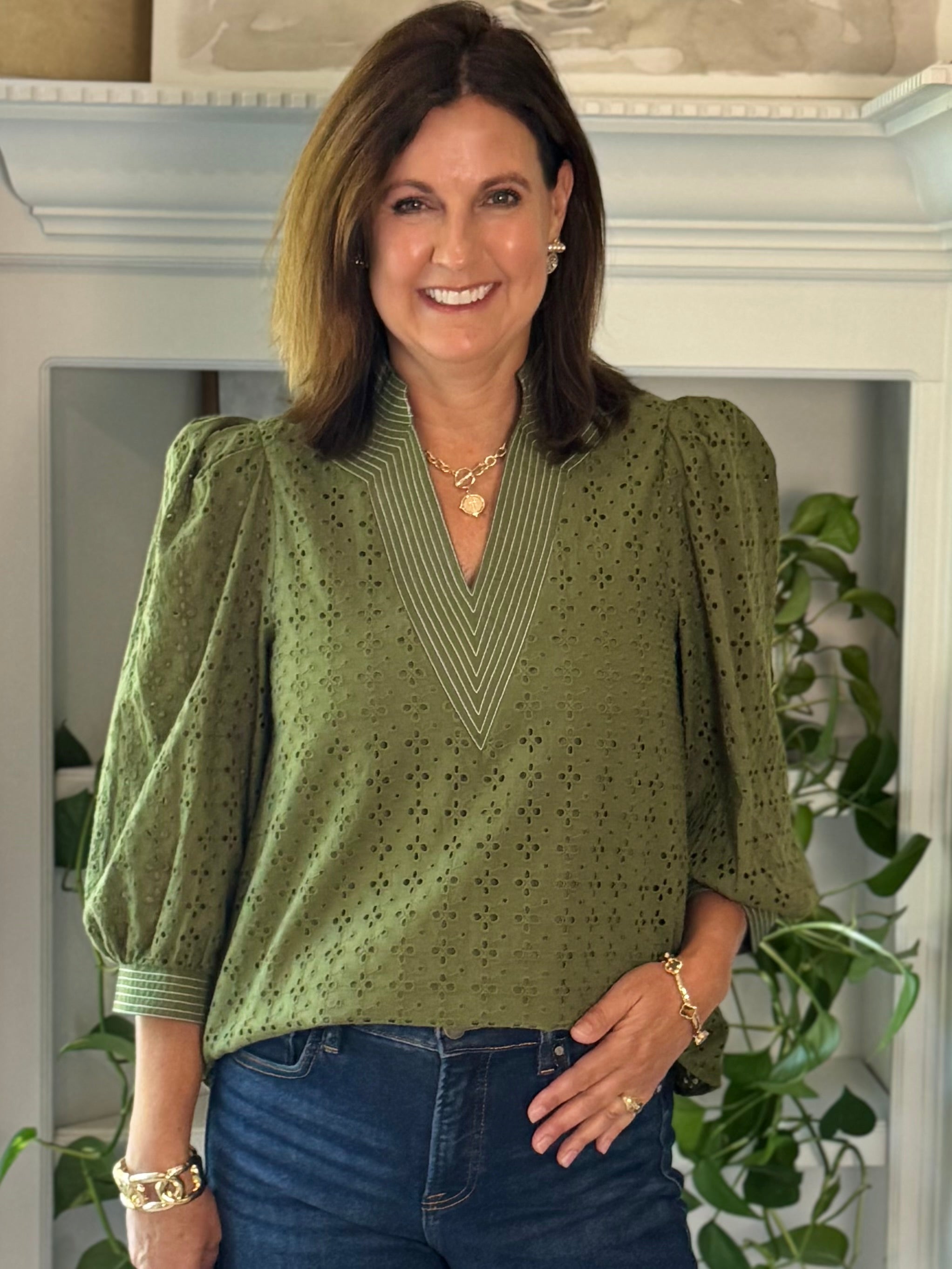 Olive Allure Eyelet Top