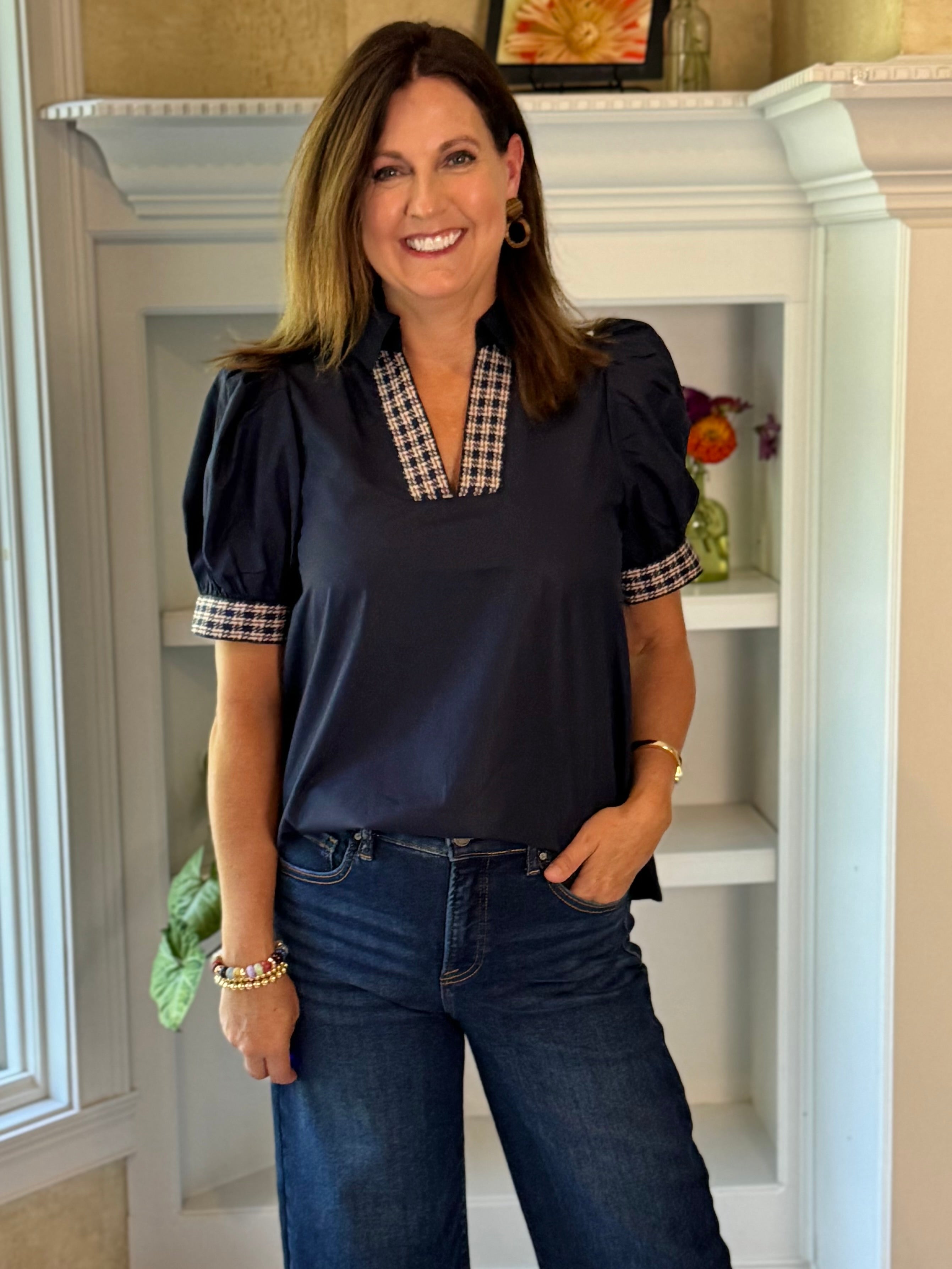 Tweed Trim Top - Navy