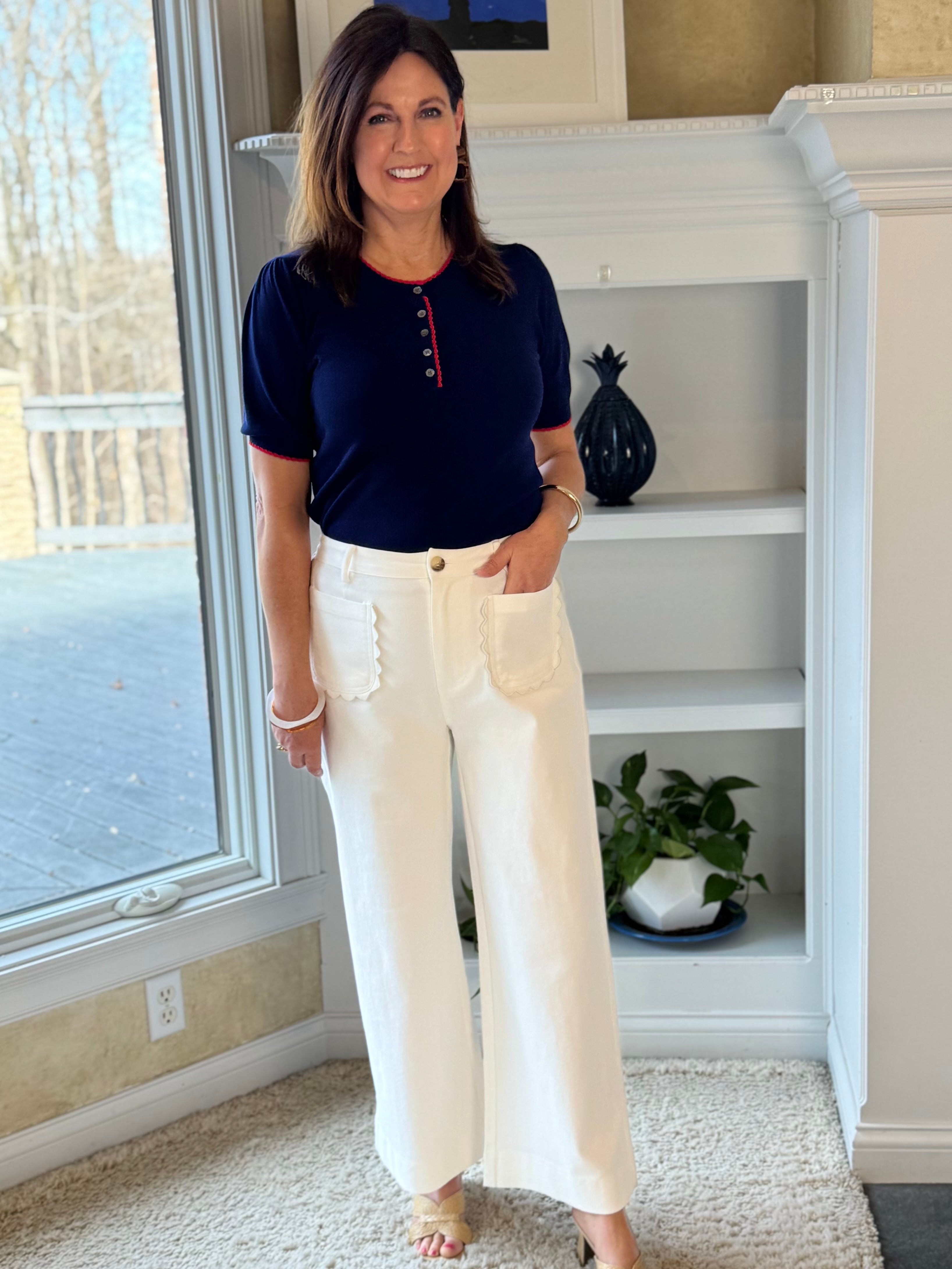 Scallop Pocket High-Rise Wide Leg Ankle Pants - Off-White