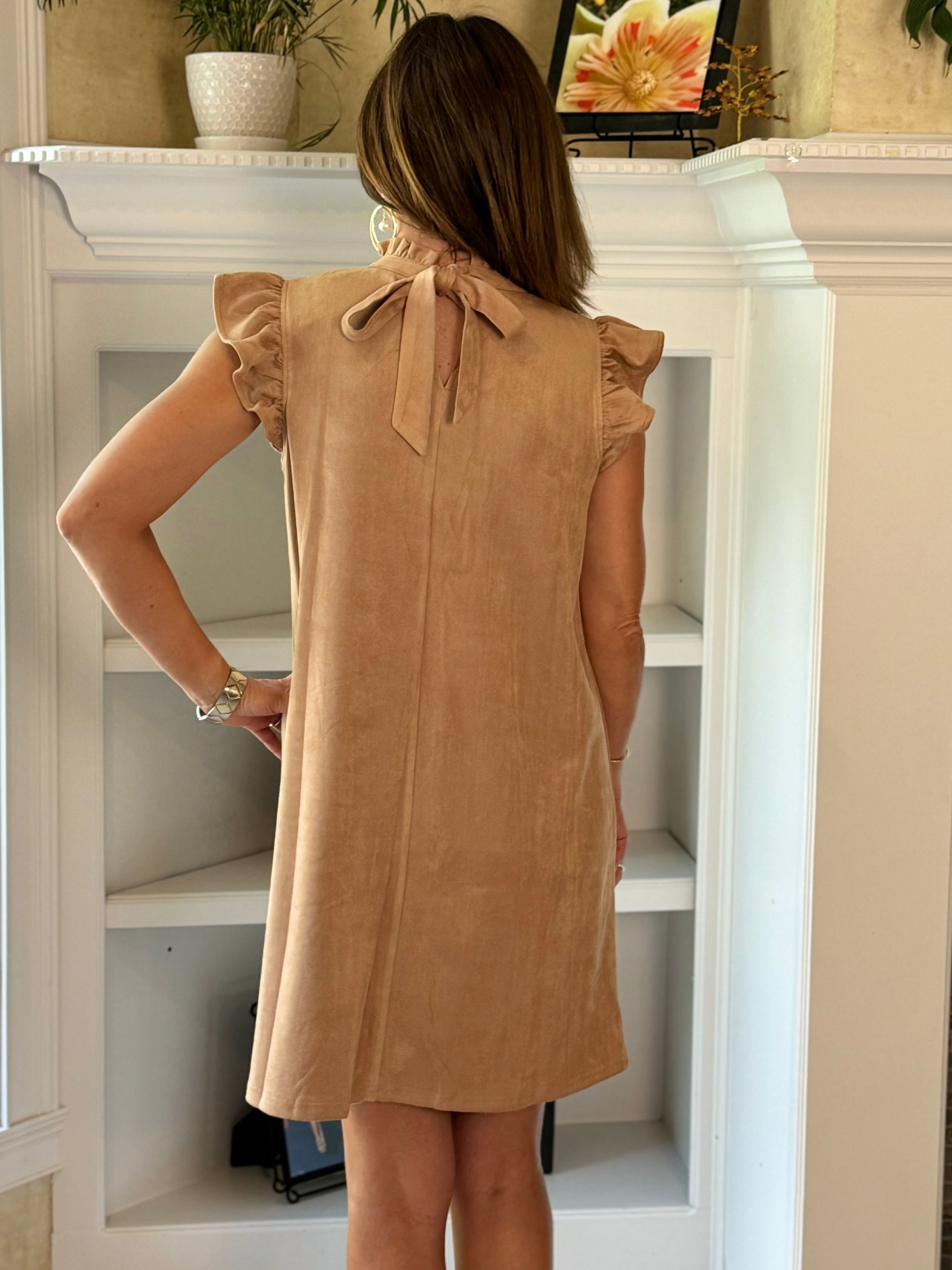 Suede Ruffle Sleeve Dress - Taupe