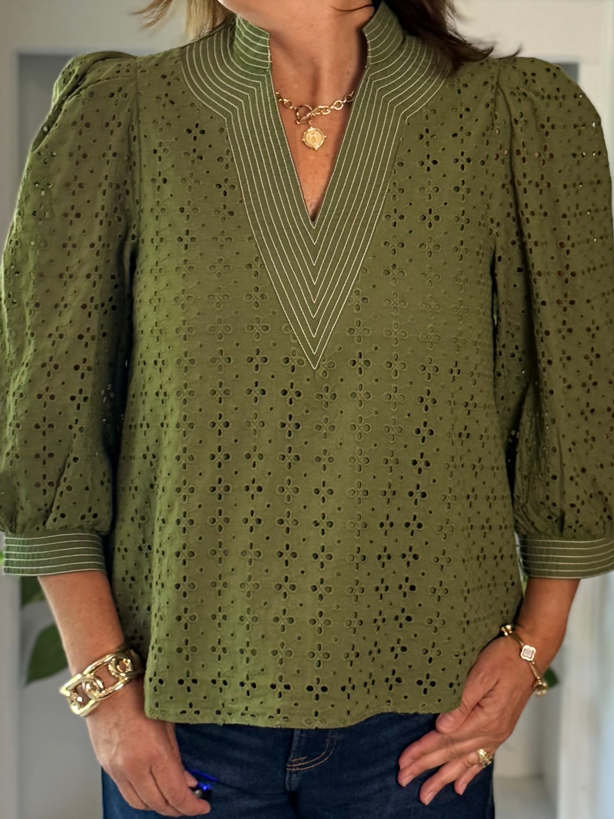 Olive Allure Eyelet Top