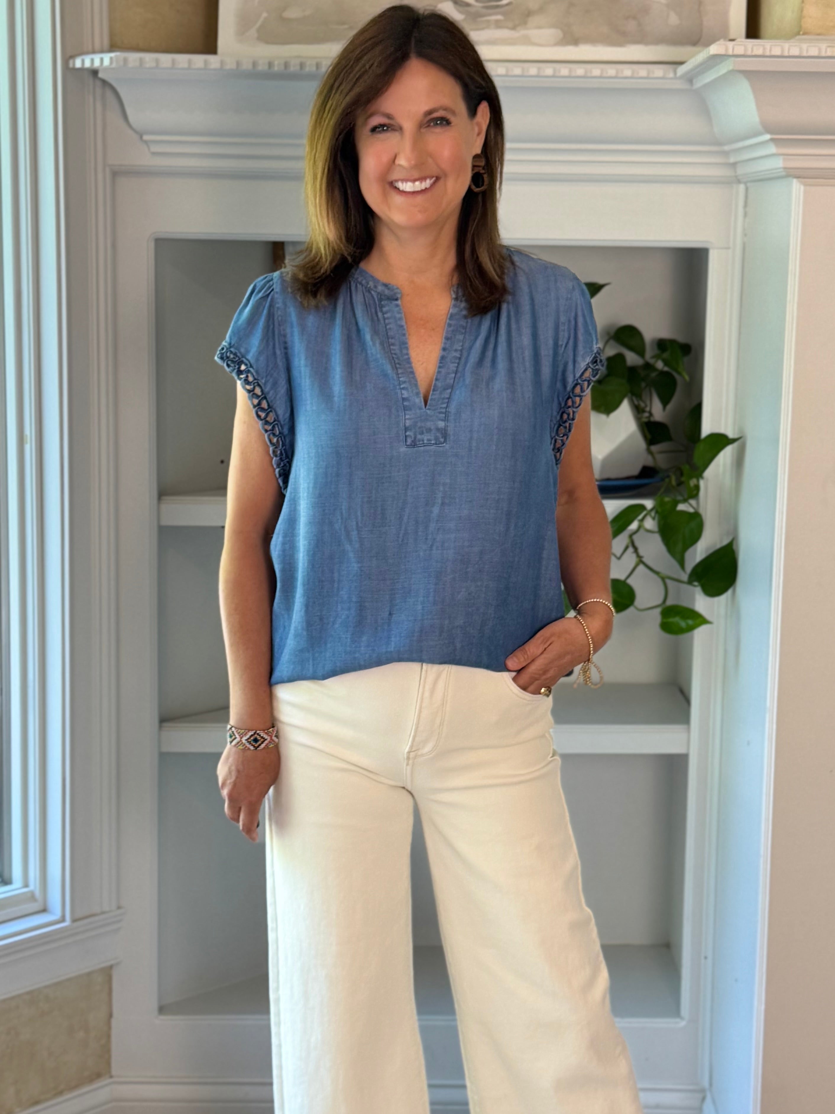 Current Air Chambray Crochet Sleeve Top