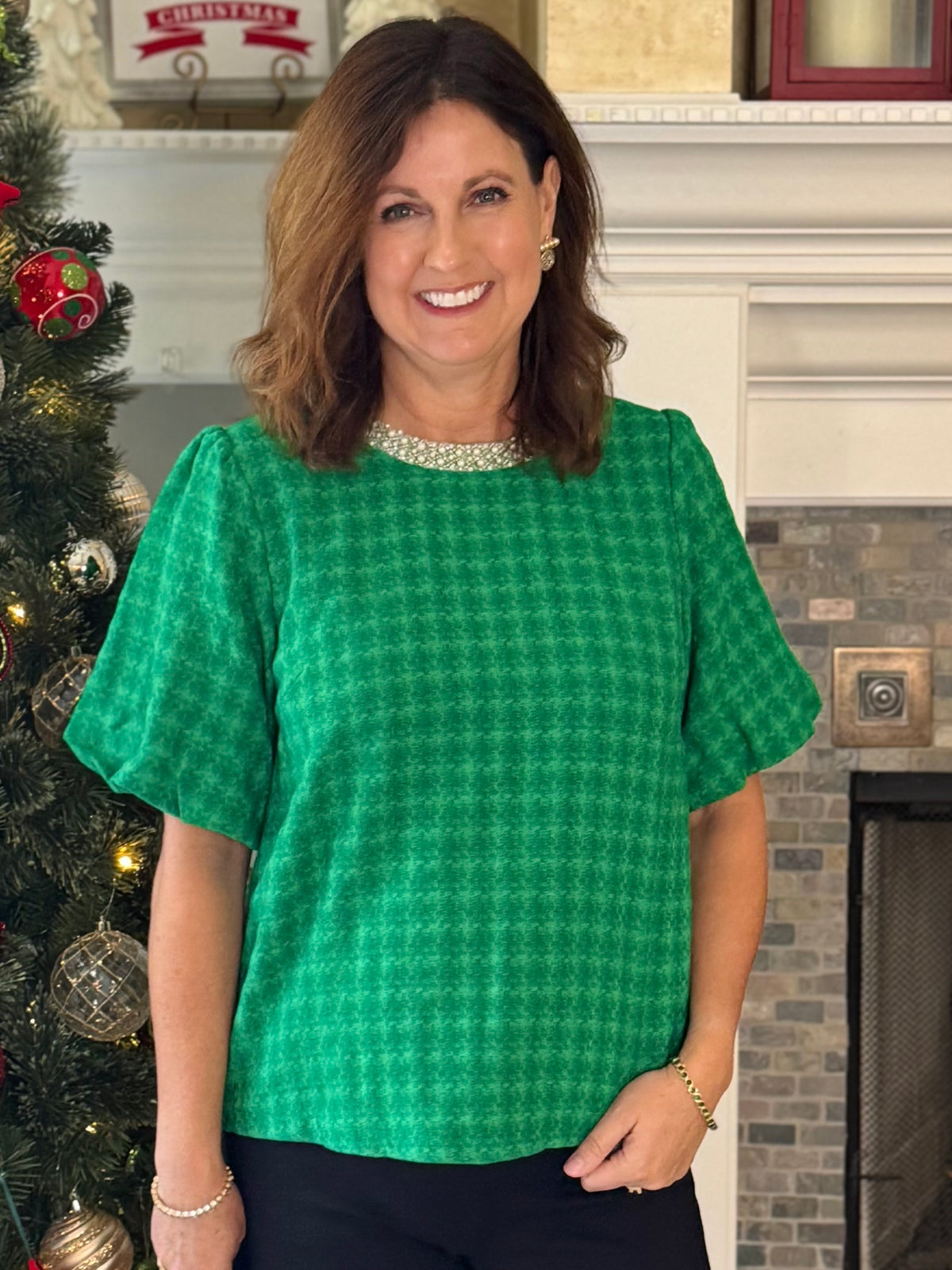 Beautifully Embellished Houndstooth Top – Green