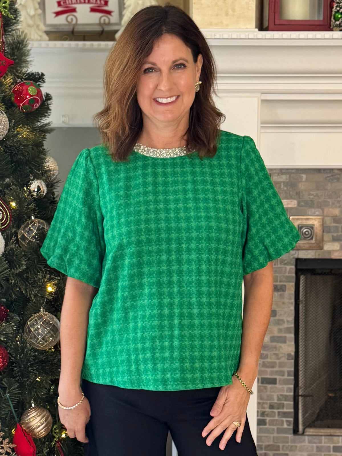 Beautifully Embellished Houndstooth Top – Green
