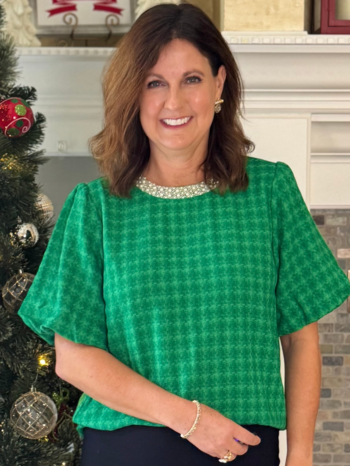 Beautifully Embellished Houndstooth Top – Green