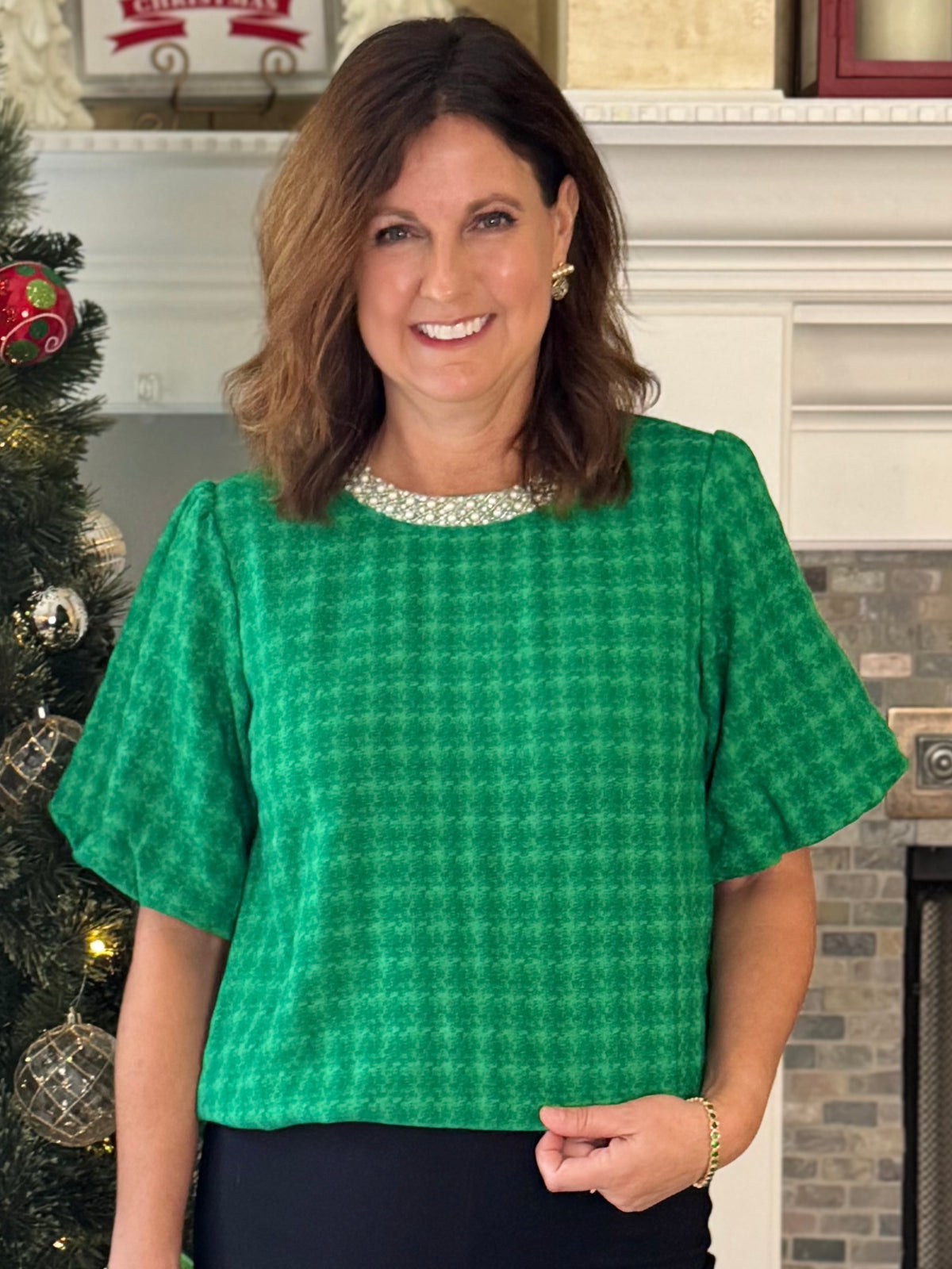 Beautifully Embellished Houndstooth Top – Green