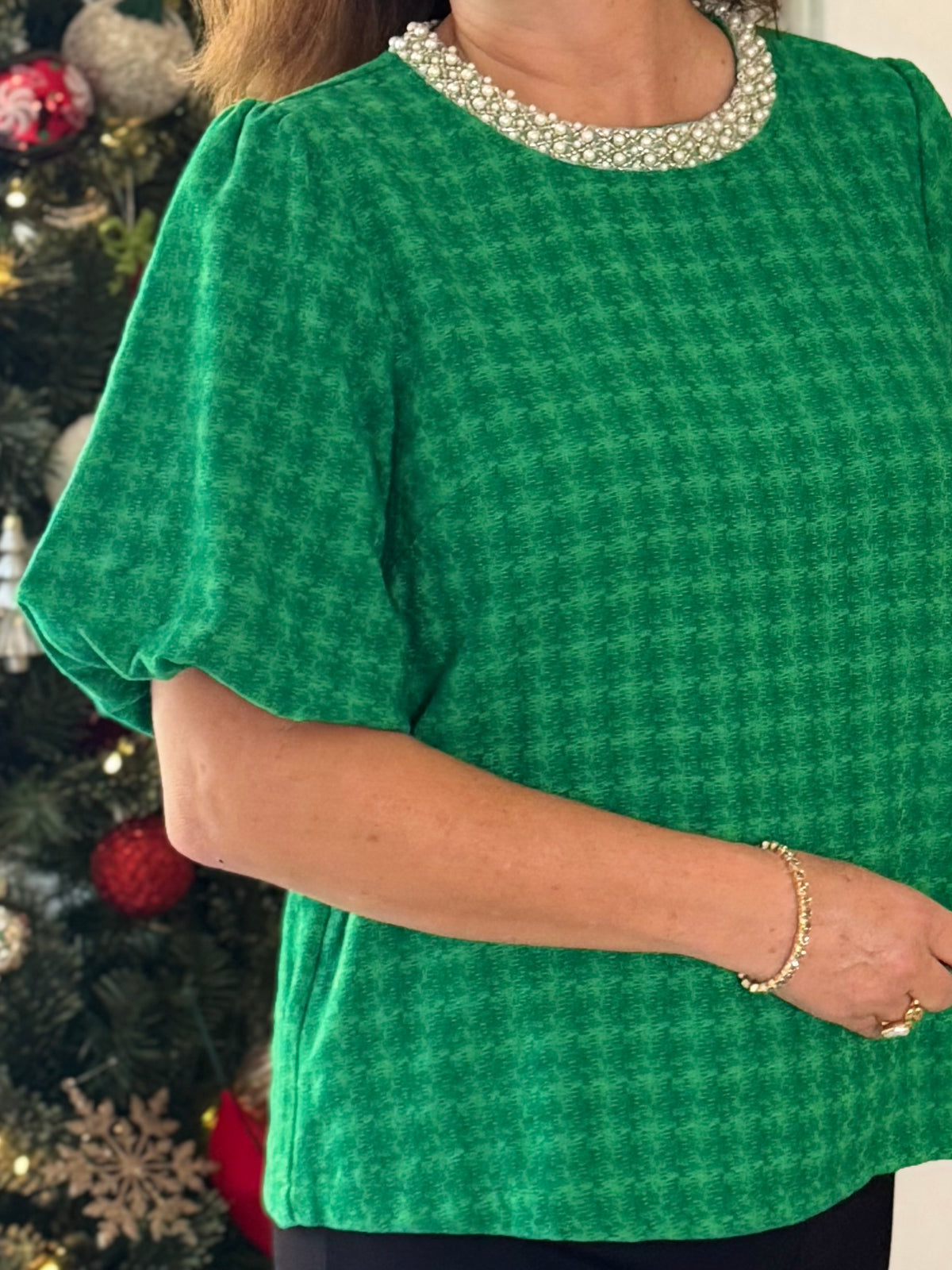 Beautifully Embellished Houndstooth Top – Green