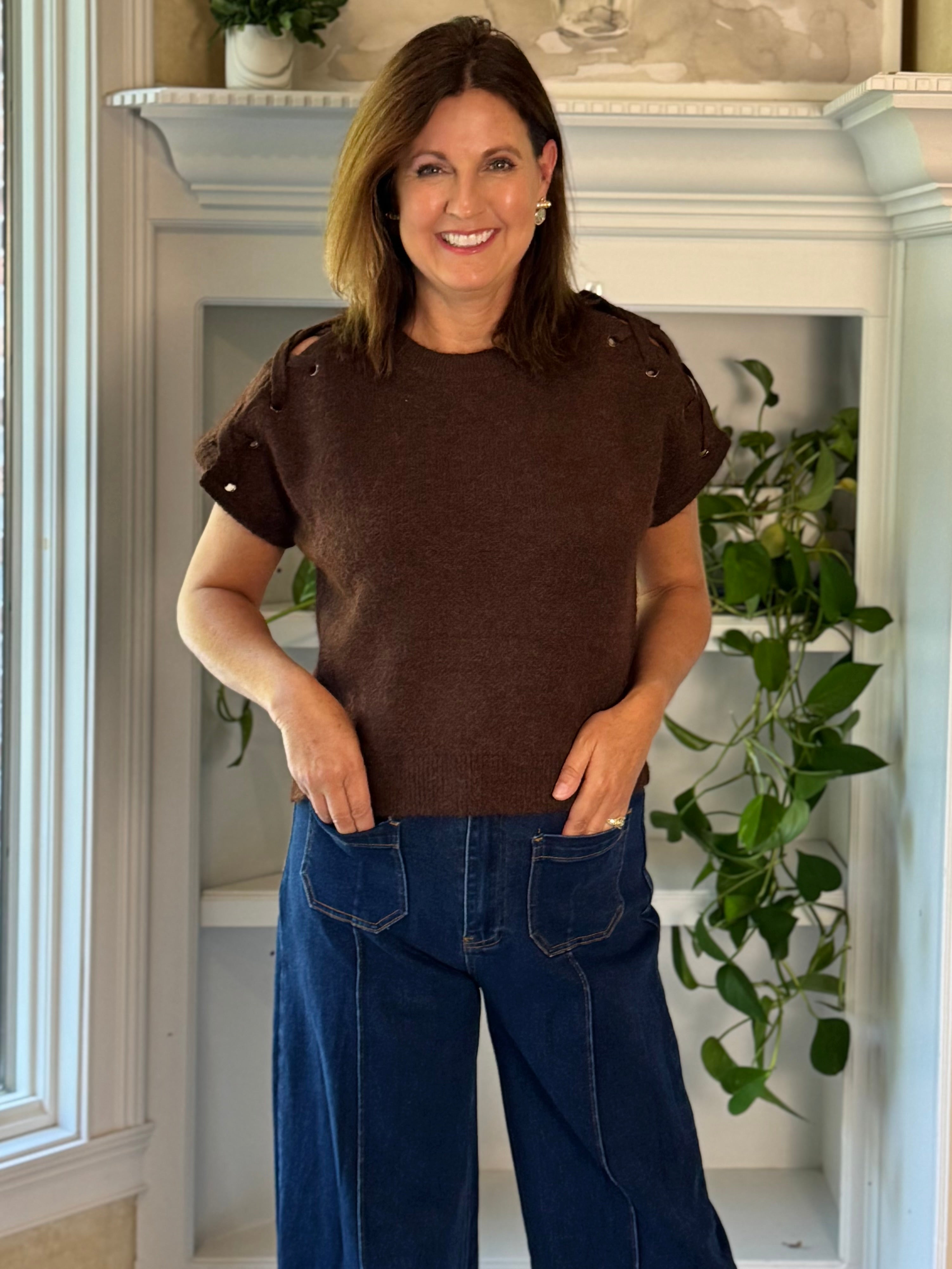 Lace It Up Knit Top - Brown
