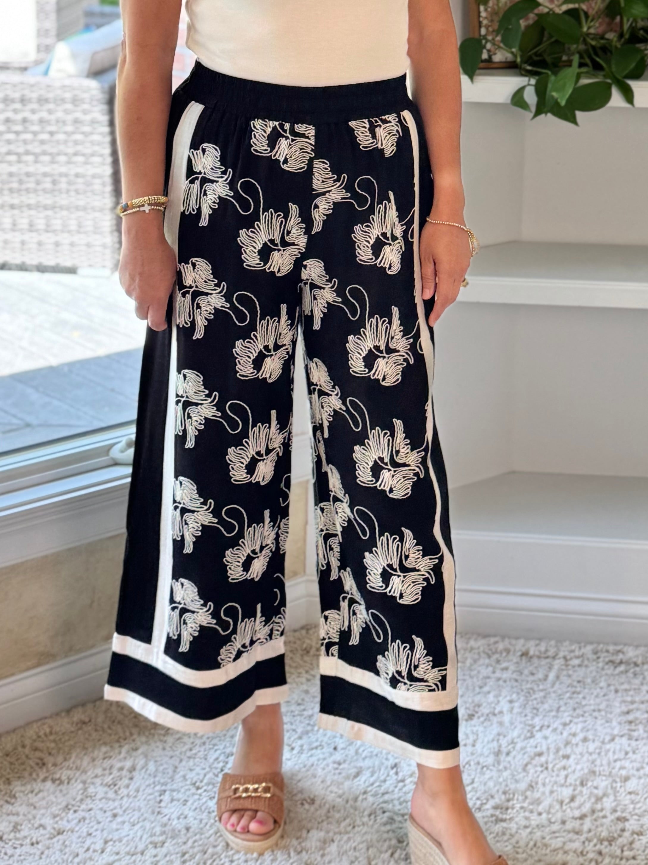 Resort Ready Embroidered Wide Leg Pants