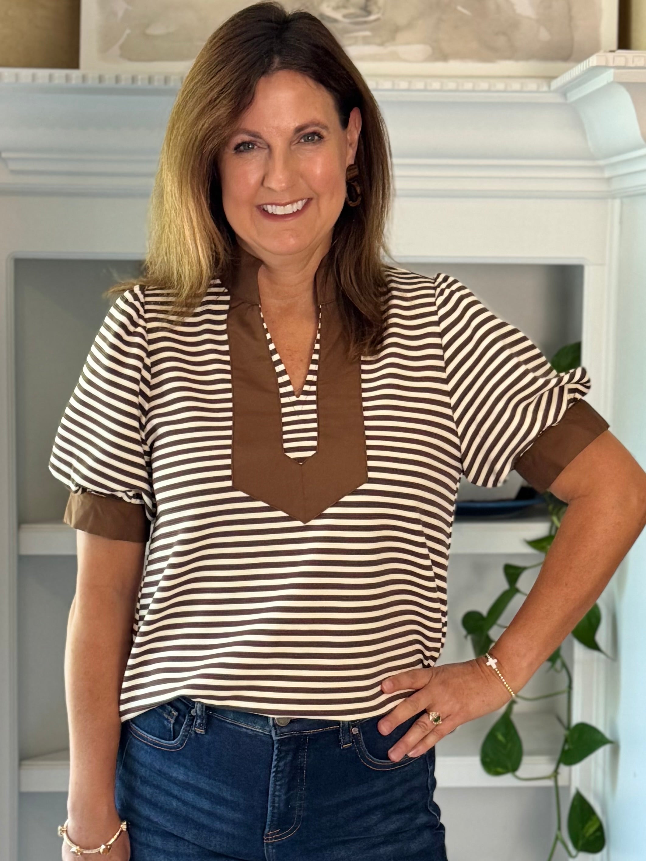 Timeless Contrast Top - Brown Stripes