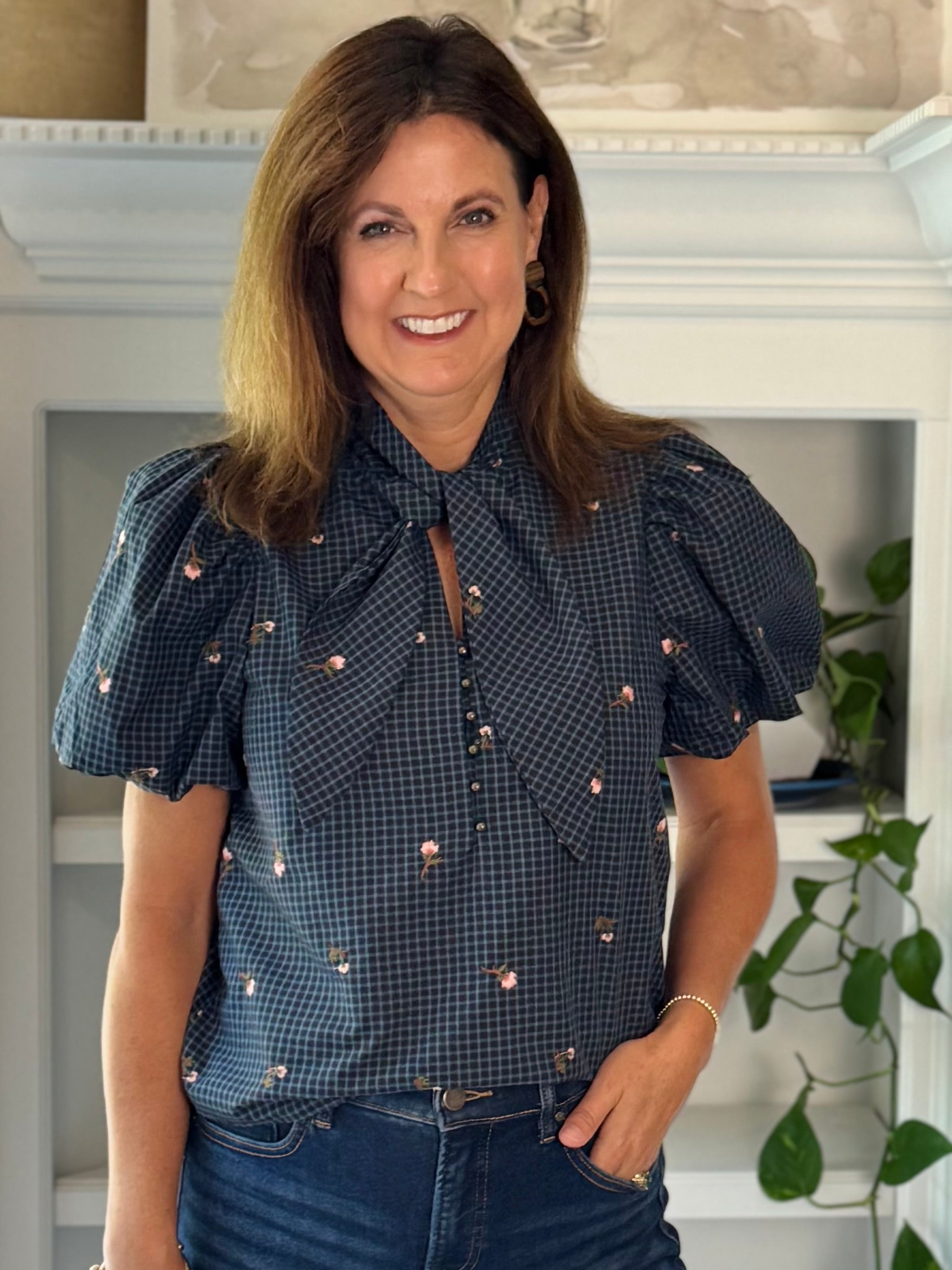 Savannah Embroidered Tie Top - Navy