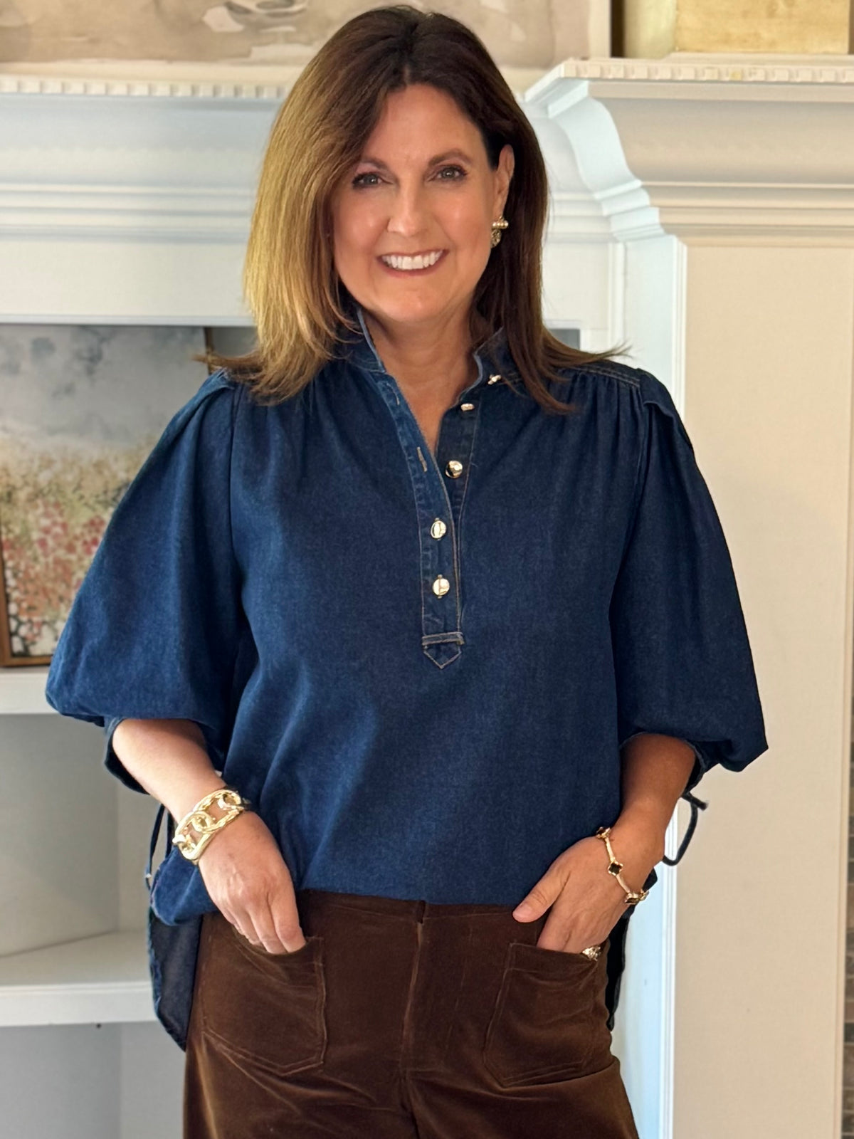 Well Played Denim Tie Sleeve Top