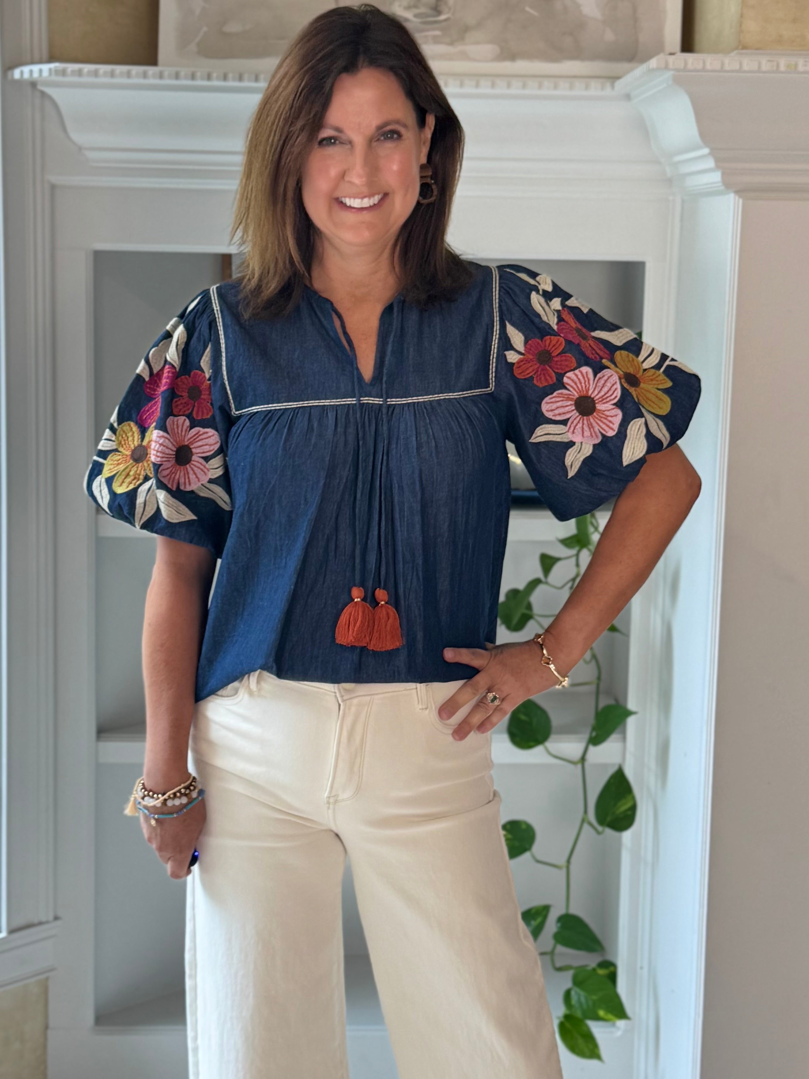 THML Denim in Bloom Embroidered Tassel Top